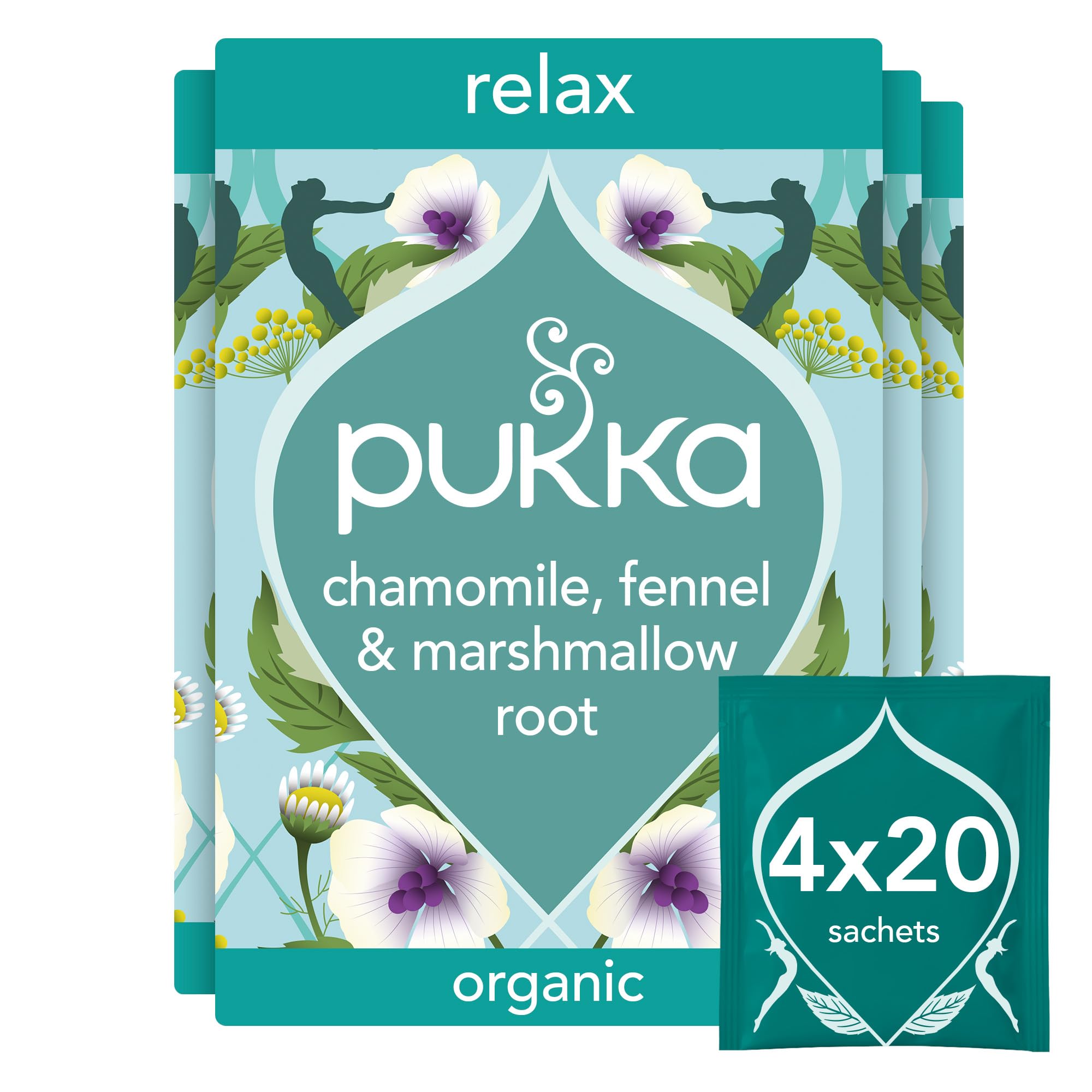 Pukka Herbs | Relax Organic Herbal Tea Box | Tea Infusion With Chamomile, Cardamon and Fennel | Perfect For Calming | Caffeine Free | 4 Packs | 80 Plant Based Biodegradable Tea Bags