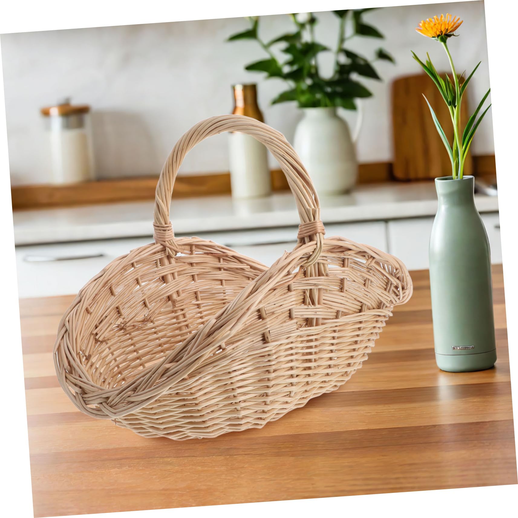 Cesta de Mimbre Natural con Asa Ventilada para Picnic Almacenamiento Flexible de Frutas Verduras y Huevos Diseño Artesanal Resistente para Cocina y Exteriores
