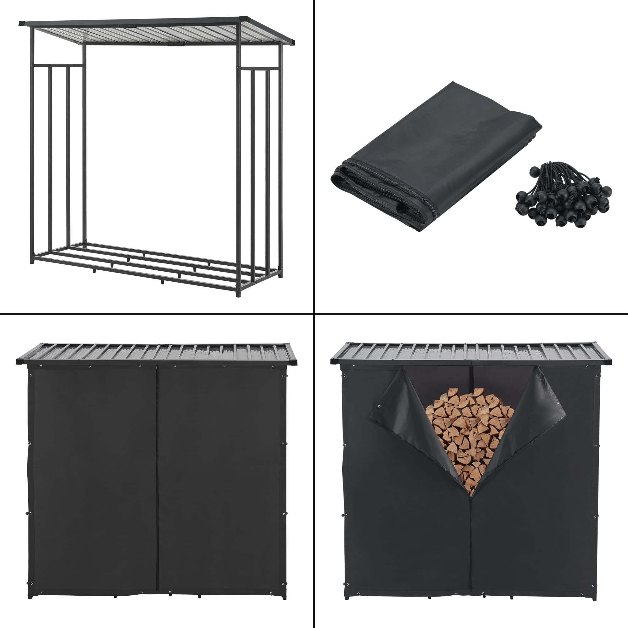 casa.pro Leñera de Exterior Yakutat Cobertizo para Madera Soporte para Leña con Techo Inclinado y Cubierta Acero 185 x 180 x 70 cm Negro