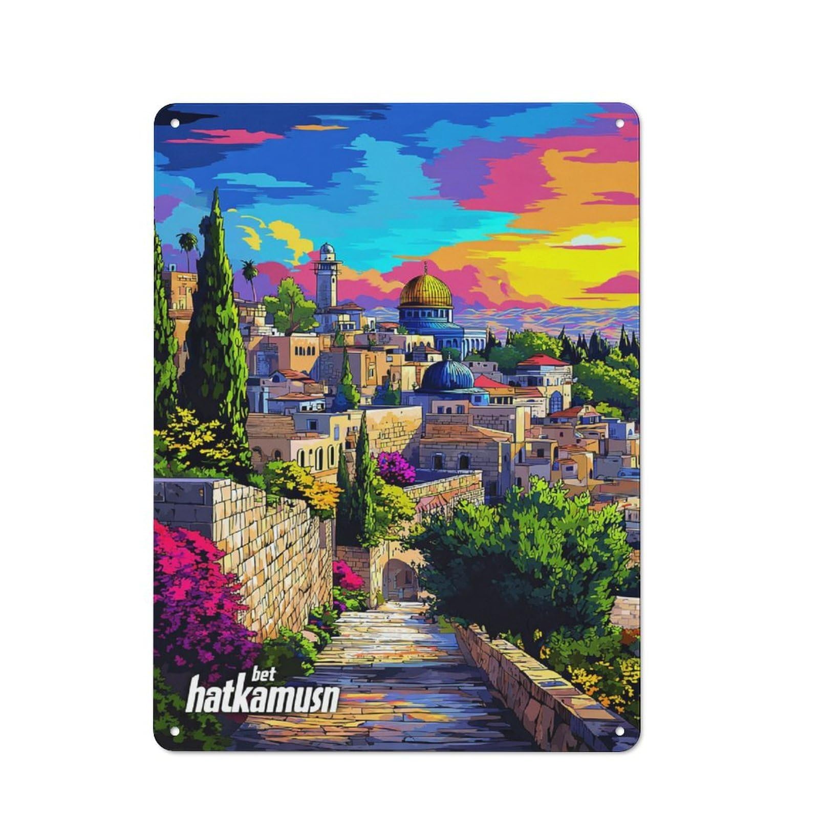 Junmoney Jerusalem's Vibrant Landscapes Printed Metal Sign 40X30cm For Lounge Or Reading Corner, Suited To Lounge Decor Fans