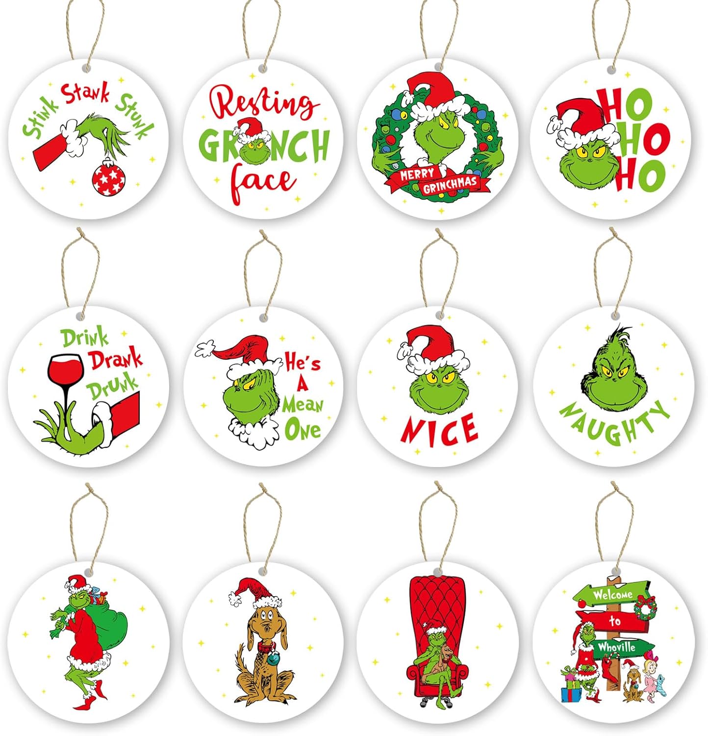 Funny Christmas Tree Decorations, Whoville Christmas Tree Ornaments, 12 Pack Wooden Hanging Ornaments, Xmas Party Decor Favor, Novelty White Elephant Gift for Christmas Stocking Stuffers Pack of 2