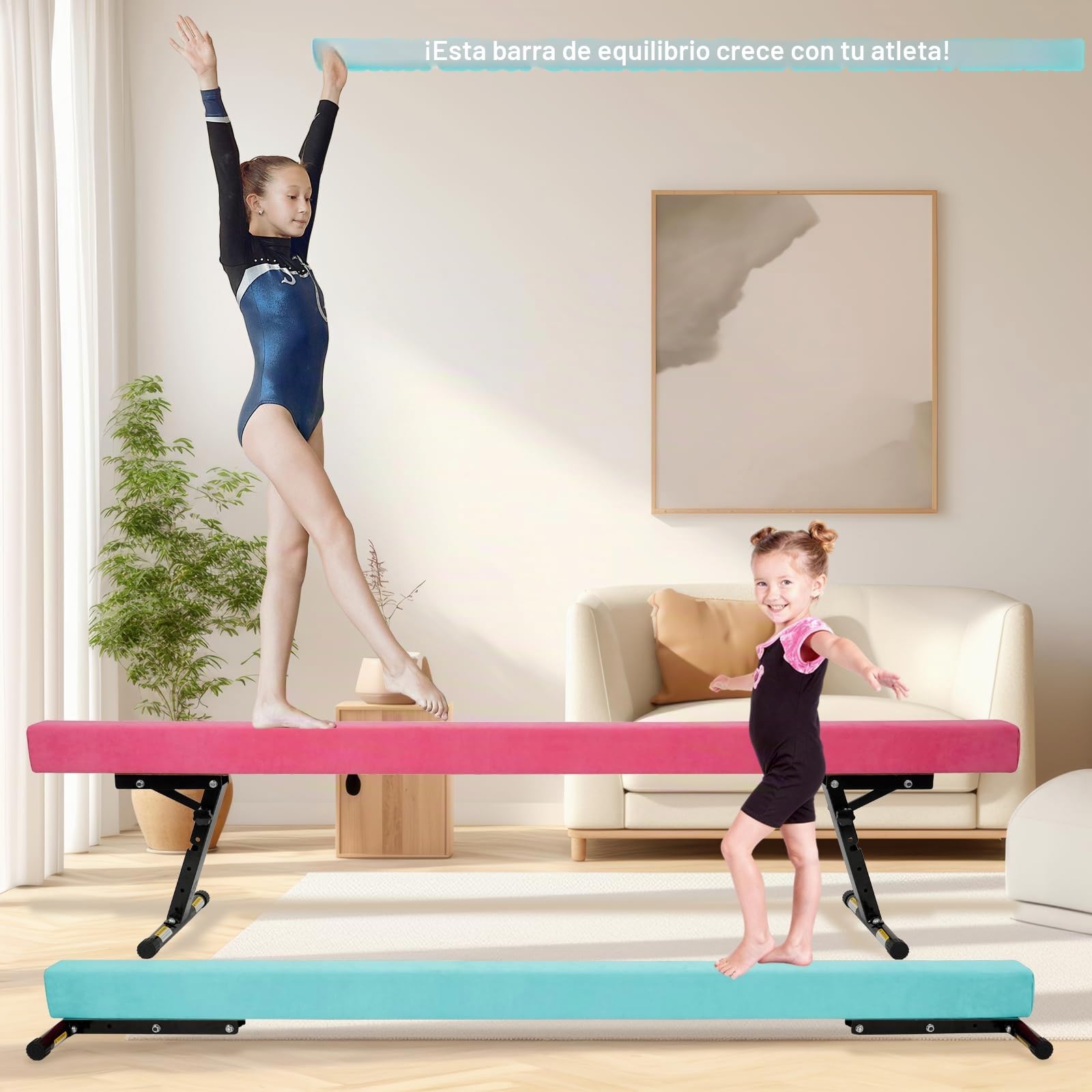 Barra de Gimnasia para Niños 245 cm Barra de Equilibrio 5 ajustes de Altura. (Verde)