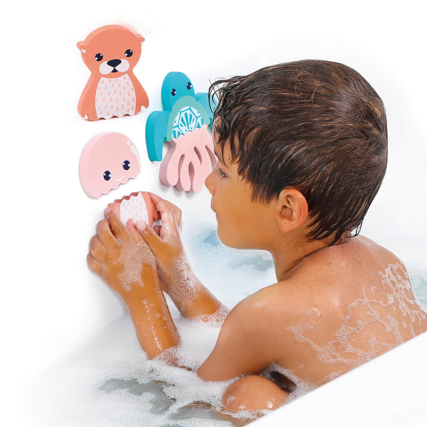 LUDI - Mix & Match - Jouet De Bain - 4 Animaux en Mousse À Assembler - Pièces Interchangeables - Flottantes - Dès 10 Mois - pour Jouer dans Le Bain - 1 Tortue, 1 Pieuvre, 1 Loutre, 1 Pingouin