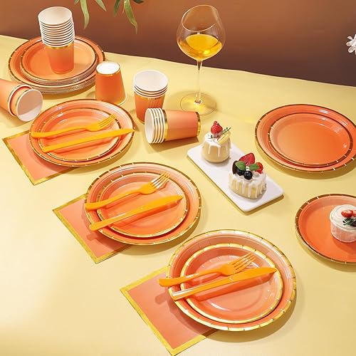 Miniatura 7 de Platos de papel naranja para decoración de fiesta, 168 piezas, platos y servilletas naranjas para 24 invitados, platos de papel de otoño,