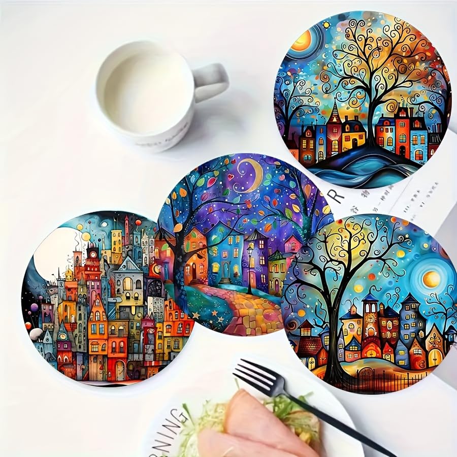 Image of 6pcs Set Art Wooden Coasters- Display Abstract Rural Scenery, Heat Resistant, Non-Slip, Perfectly Protect Surfaces, Suitable for Coffee and Beverage Cups, Ideal for Home, Restaurant