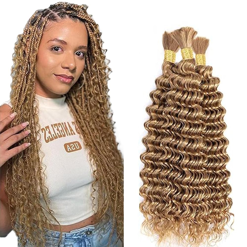 Deep Wave Bulk Braiding capelli umani Bundles Unprocessed #27 Honey Blonde Human Hair Extensions For Boho Braids No Weft Curly Braiding Hair 50g/bundle Total 150g 14 14 14 Zoll