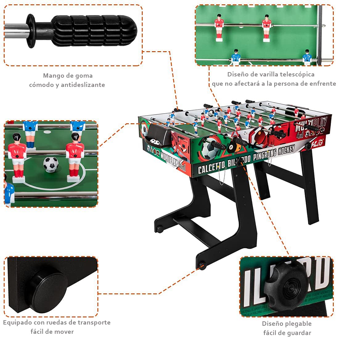 HLC Mesa Multijuegos 4 en 1 Plegable Fútbol Billar Snooker Tenis de Mesa Hockey
