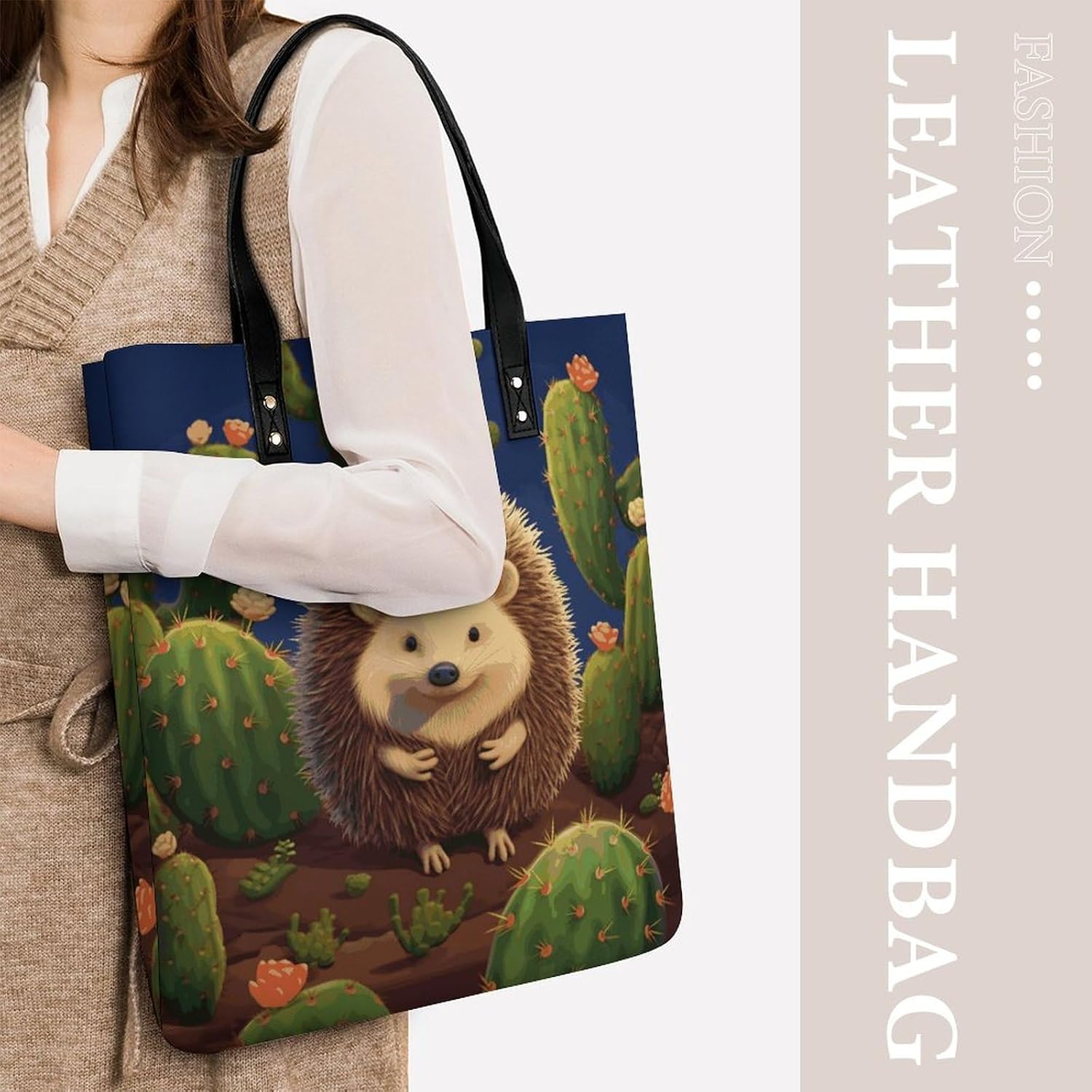 Hedgehog Cactus Tote Bag with Magnetic Buckle Reusable Grocery Bags Lightweight Cross Body Handbag for Daily Essentials