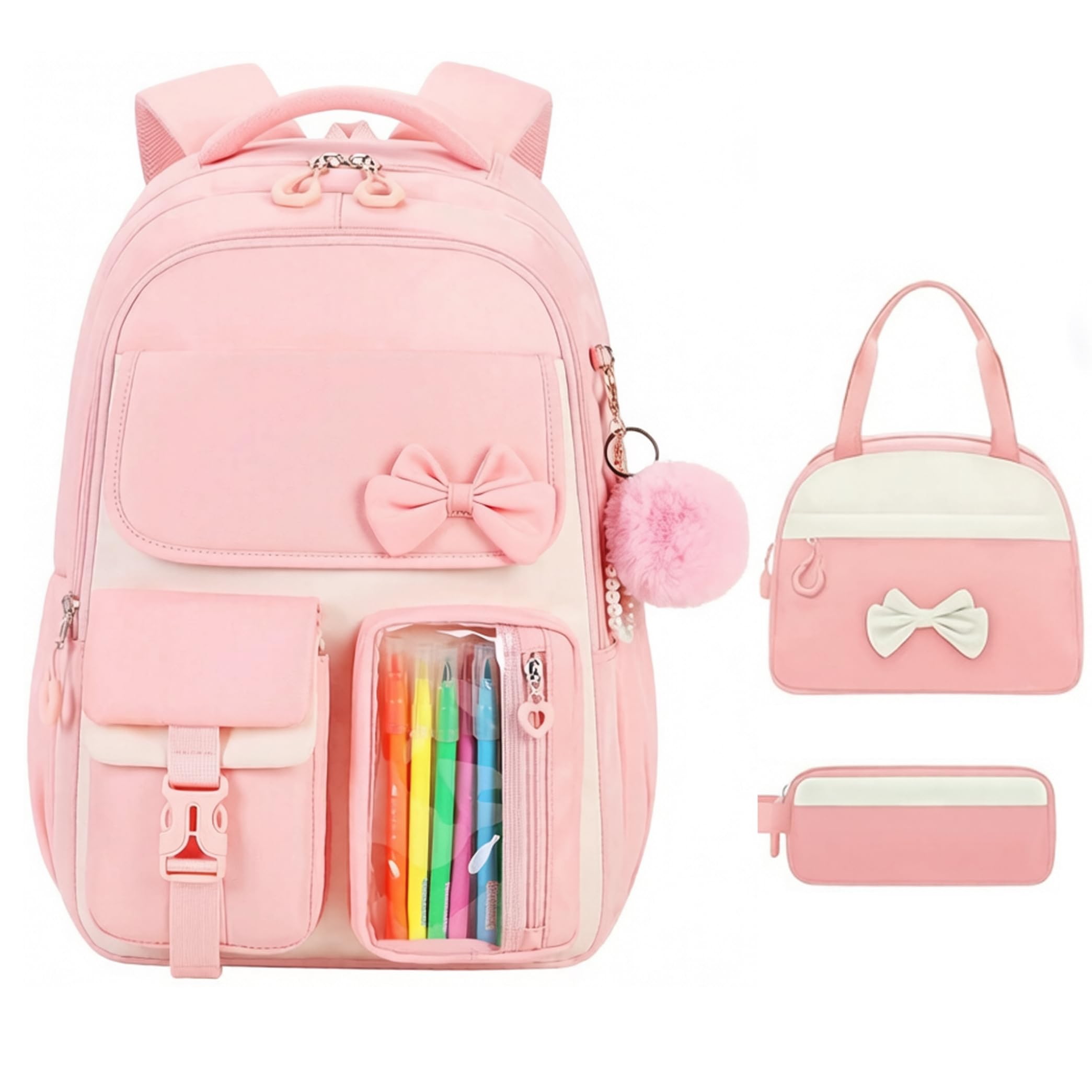 Zaini scolastici da 3 pezzi per ragazze, set multiscomparto per la scuola, stile 3, con astuccio per il pranzo