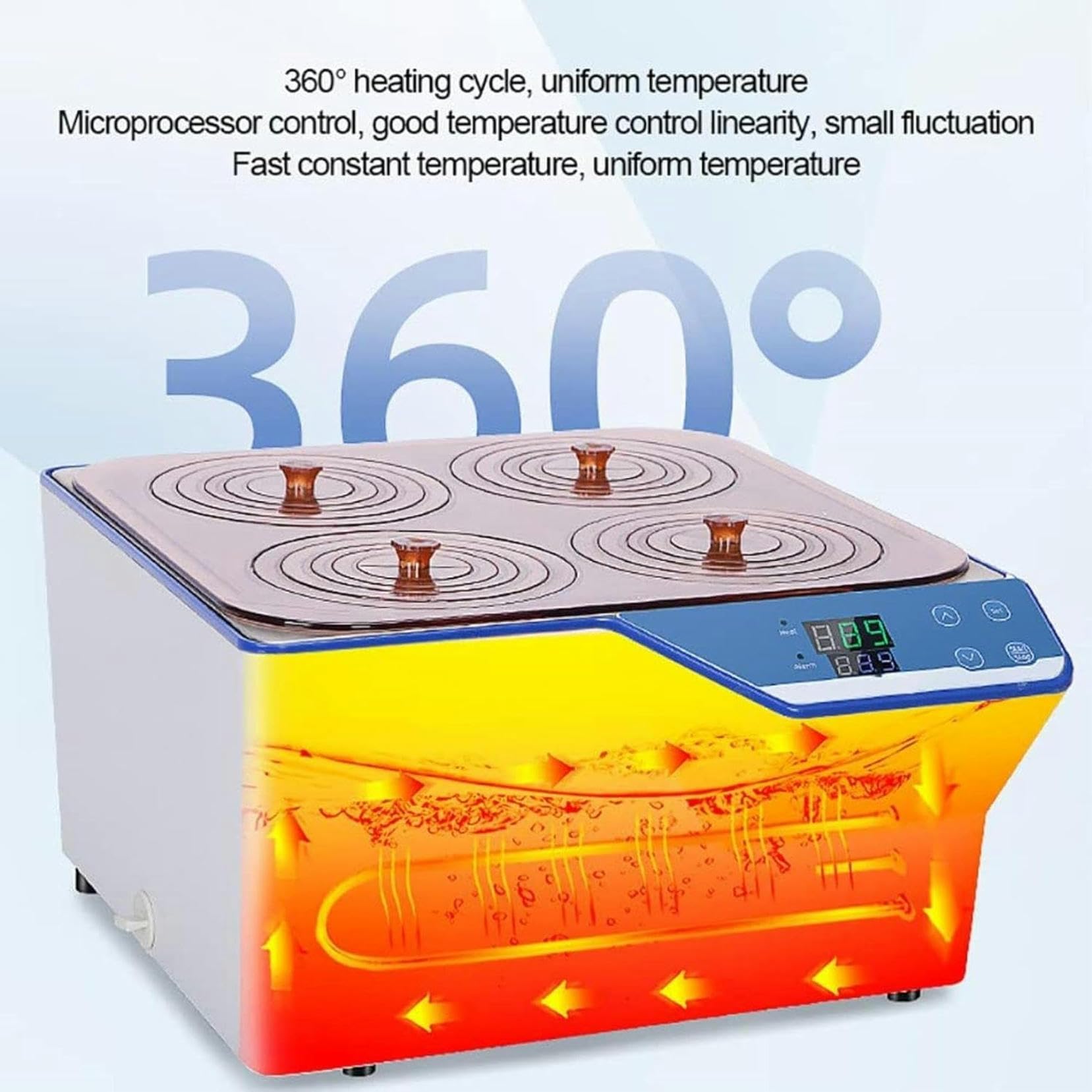 Baño María termostático digital, tanque interior de acero inoxidable, calentador eléctrico, baño María termostático poroso, RT 5 a 100°C, temporizador 0-999 min, capacidad 6,7L/14L/22L, ciclo 360°