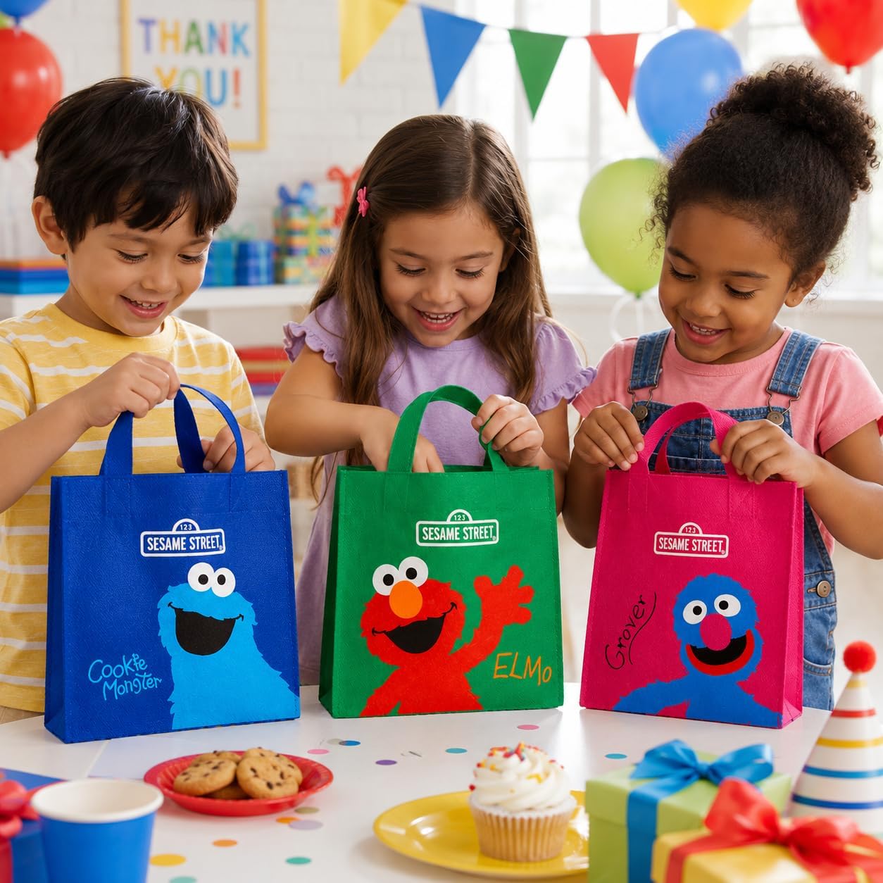 Fun Express Sesame Street Party Favor Bags (12 Pack) – 6"x6" Mini Tote Bags with Handles for Kids Birthday, Elmo, Cookie Monster, Grover Goodie Bags, Toddler Treat Gifts
