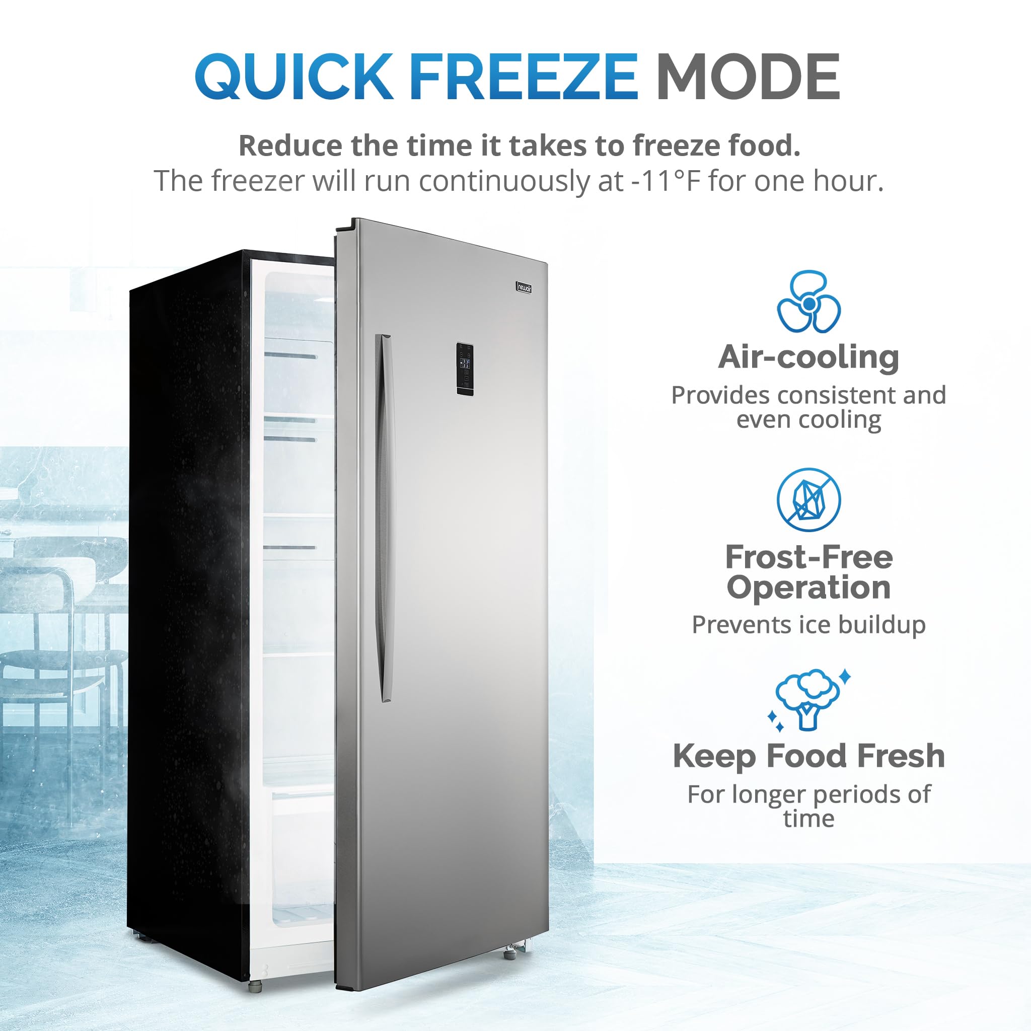NewAir Upright Freezer | 13.8 Cu. Ft., Garage-Ready Stand Up Freezer With Digital Controls, Auto Defrost, Fast Freeze Mode & LED Lighting | Stainless Steel on Fridge.com - View 5