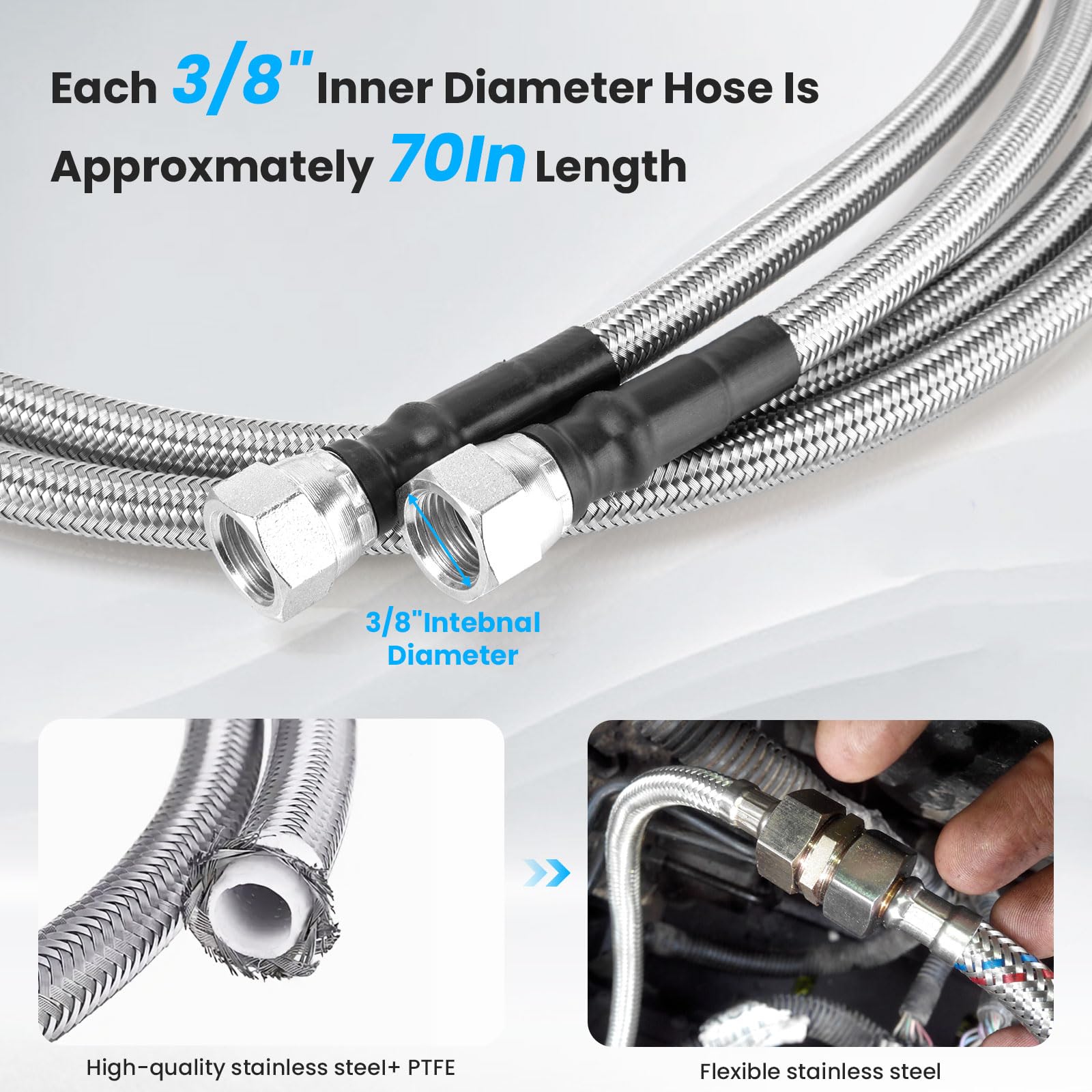 70-Inch Flexible Stainless Steel Braided Transmission Cooler Hose Line For Chevy 4L60E & 700R4