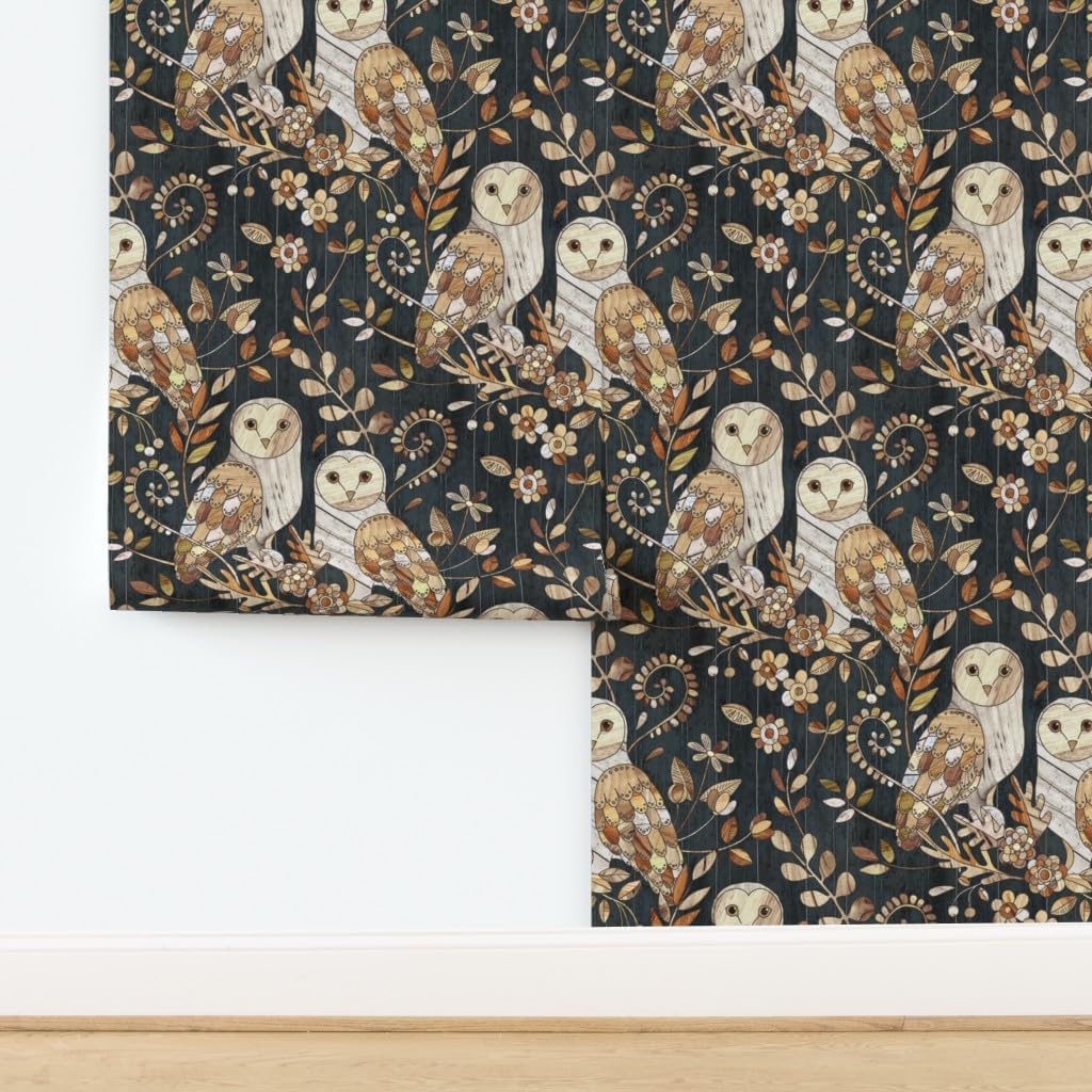 Peel & Stick Wallpaper 3ft x 2ft - Barn Owl Collage Large Owls Wood Nature Night Modern Farmhouse Custom Removable Wallpaper by Spoonflower