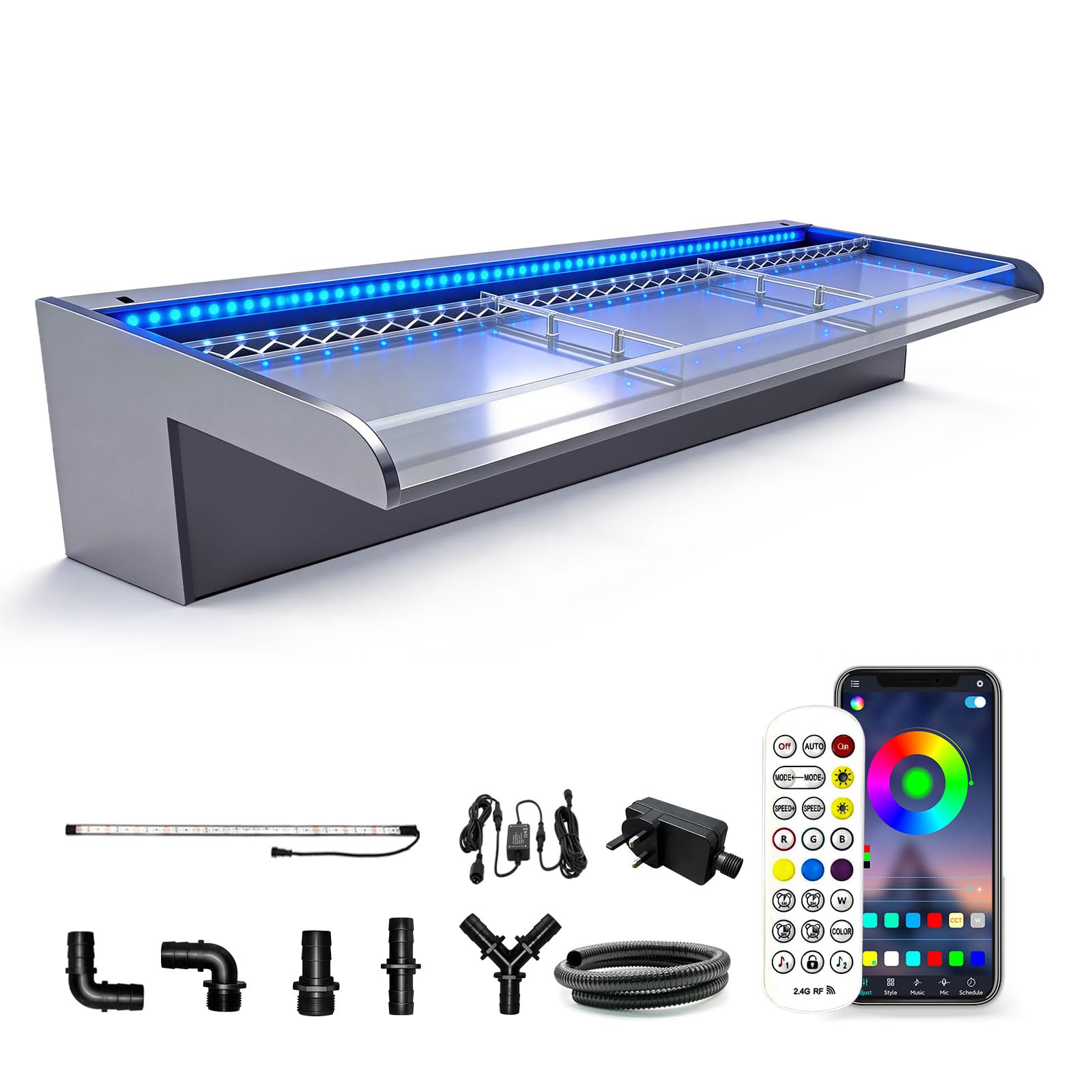LONGRUN 60cm Pond Waterfall Blade with Bluetooth RGB LED Light, Acrylic Complete Waterfall & Stream Kits