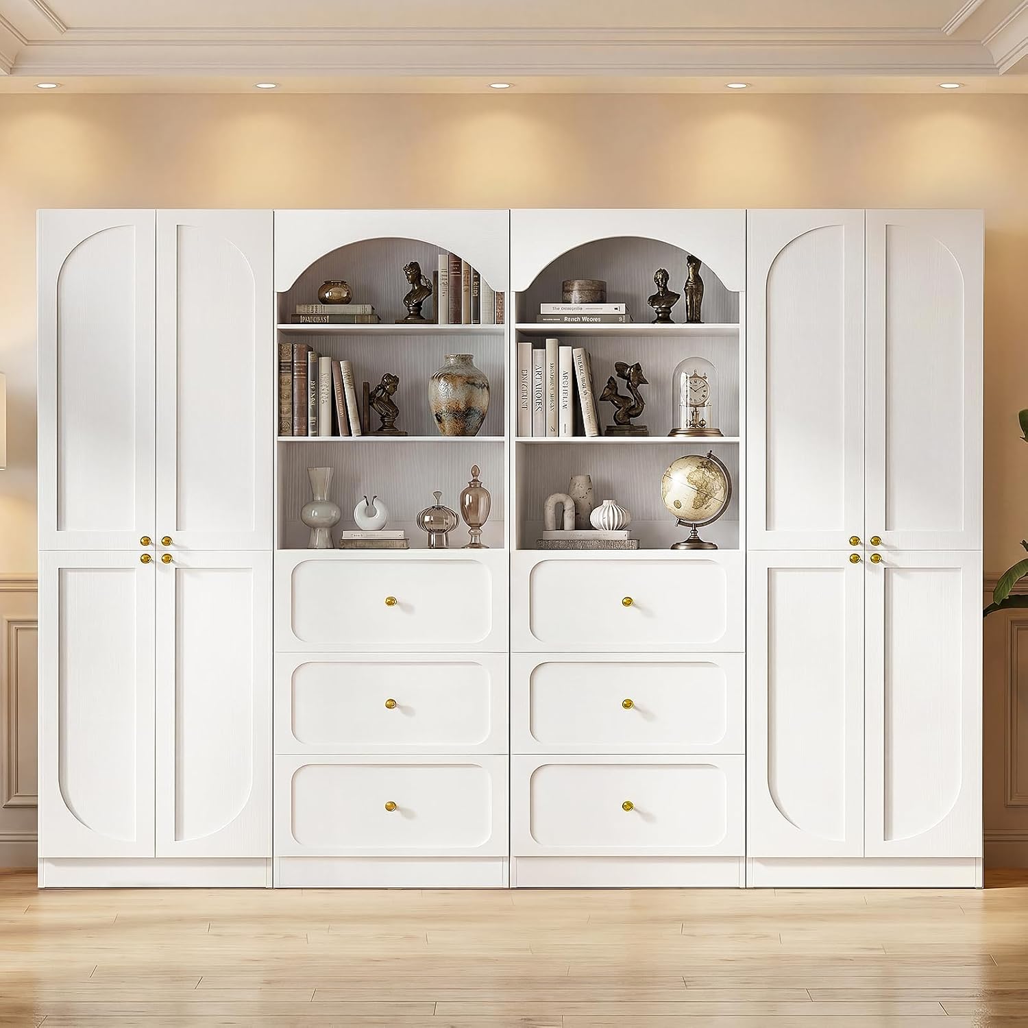 Cyclysio 80" Tall Bookcase System with 6 Drawers, Arched Bookshelf with 6-Tier Open Shelves, Wooden Pantry Storage Organizer Cabinets with 8 Doors for Living Room, Kitchen