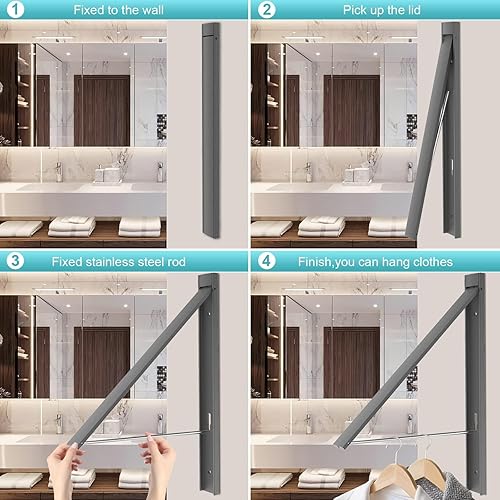 Miniatura 5 de Tendedero de pared plegable que ahorra espacio, aleación de aluminio resistente, instalación sin taladros para lavandería, armario, balcón,