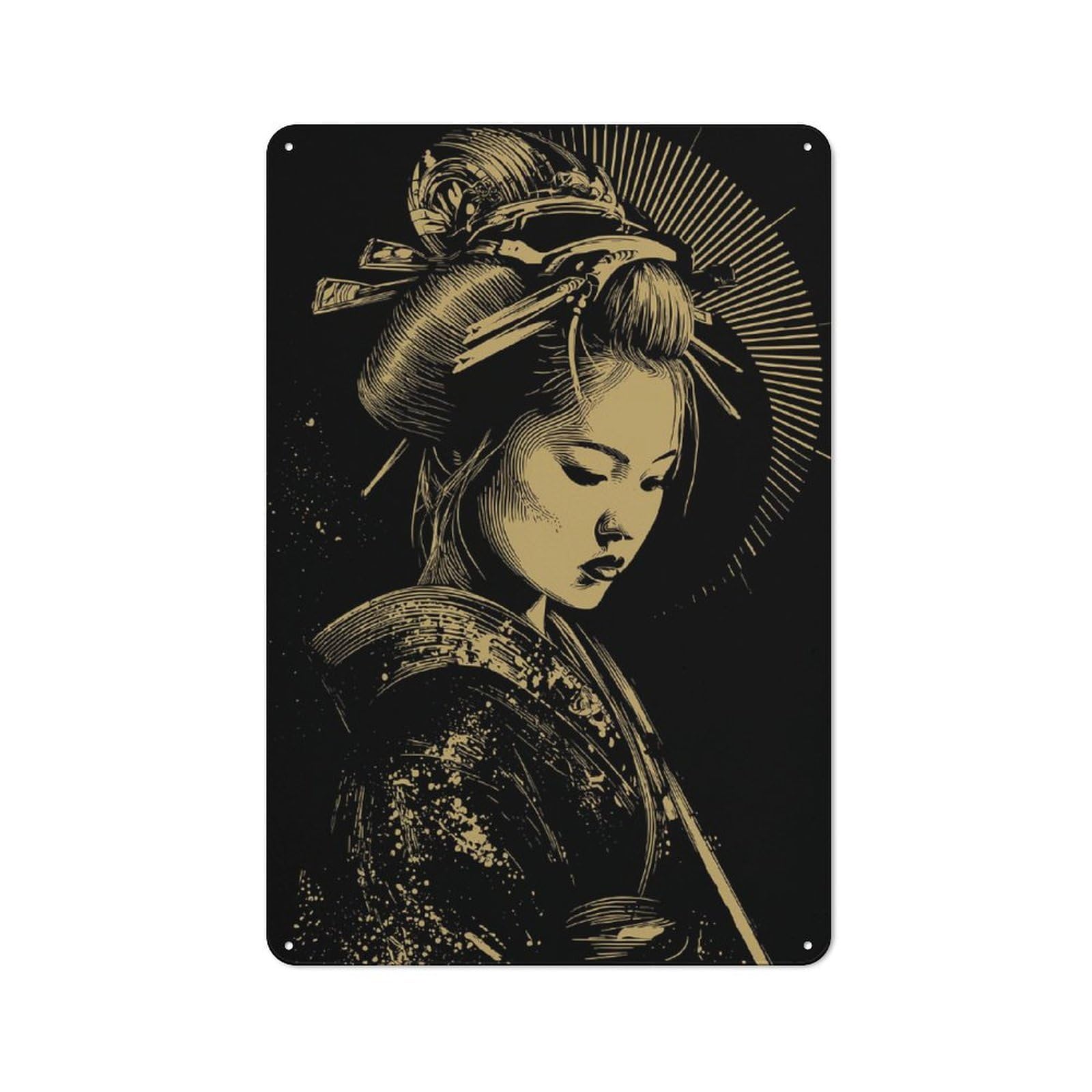 Junmoney Geisha Portrait In Gold And Black Tin Wall Plaque 30X20cm With For Workshop Wall, Suited To Makers And Diy Enthusiasts