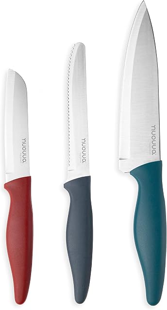nuovva Sharp Kitchen Knife Set  3pcs Colour Kitchen Knives  Stainless Steel Non Stick Blades  Includes Chefs Knife, Tomato Knife and Paring Knife