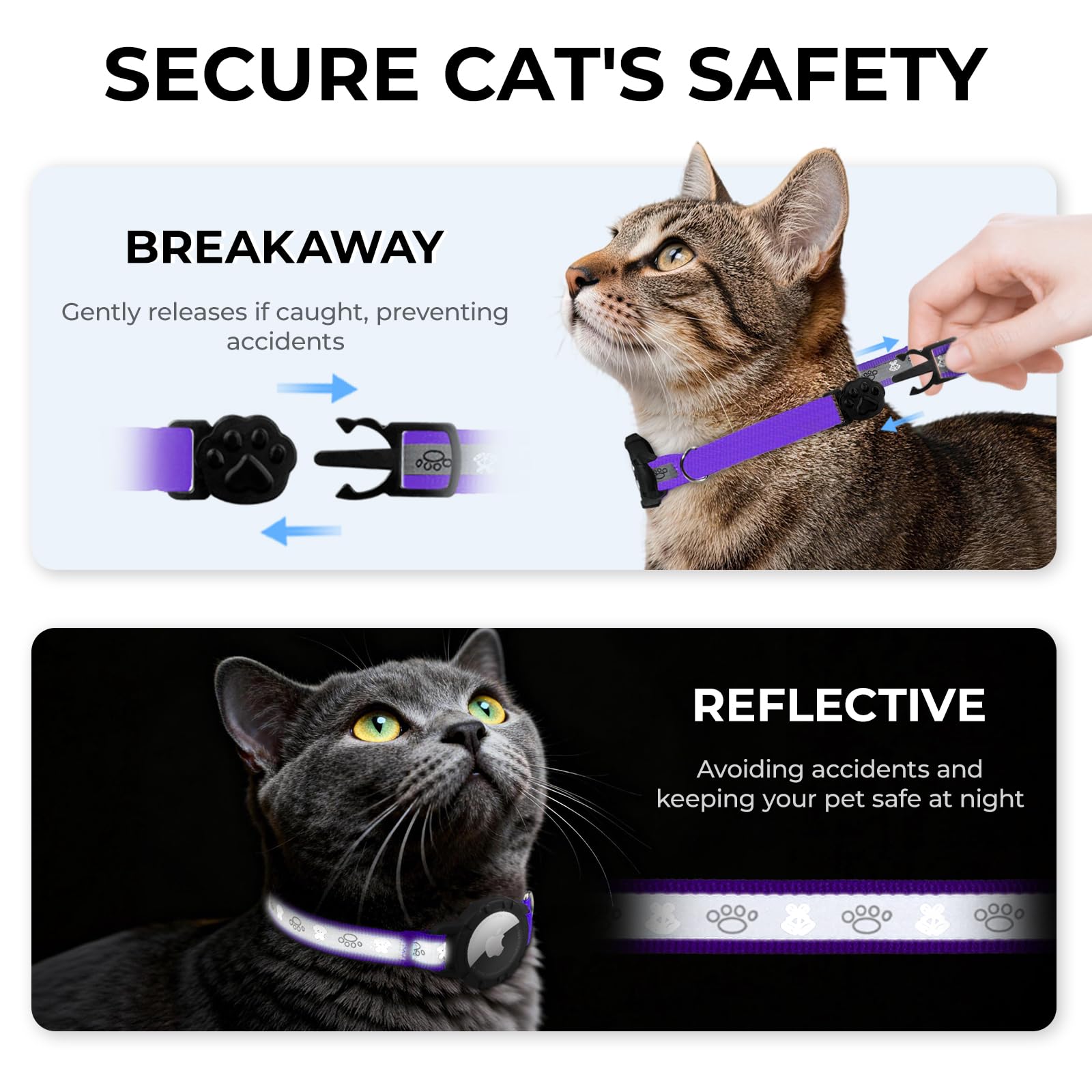 Breakaway AirTag Katzenhalsband, reflektierendes Katzen-Tracker-Halsband mit Airtag-Halterung und Glocke, Sicherheits-Gummiband, Katzen-GPS-Halsbänder für Mädchen, Jungen, Katzen, Kätzchen und Welpen