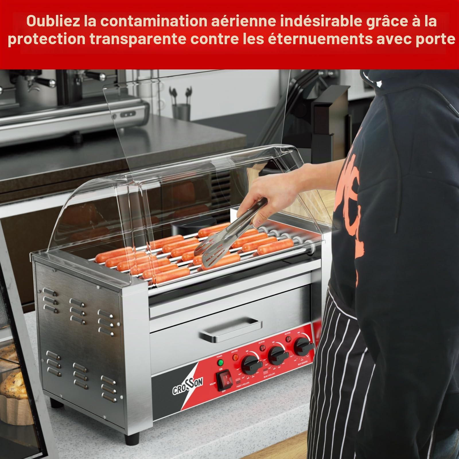 CROSSON 2 IN 1 Hot Dog Machine 7 Rouleaux avec Couvercle Visuel,1350W Machine à Hot Dog Professionnel avec Chauffe-pain en Acier Inoxydable,Double Contrôle de Température(espace pour 18 saucisses)