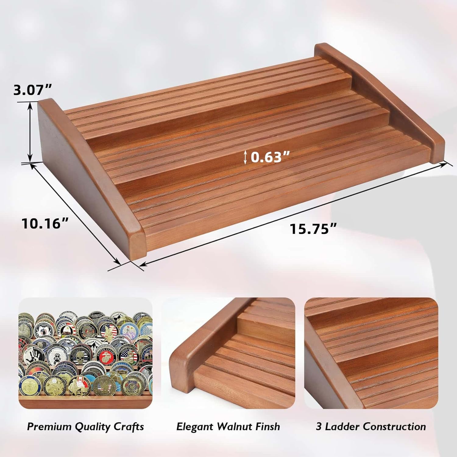 ASmileIndeep 12 Rows Solid Wood Military Challenge Coin Display Stand Holds 90-100 Coins Army Coin Holder Display Police Coin Rack for Countertop, Walnut