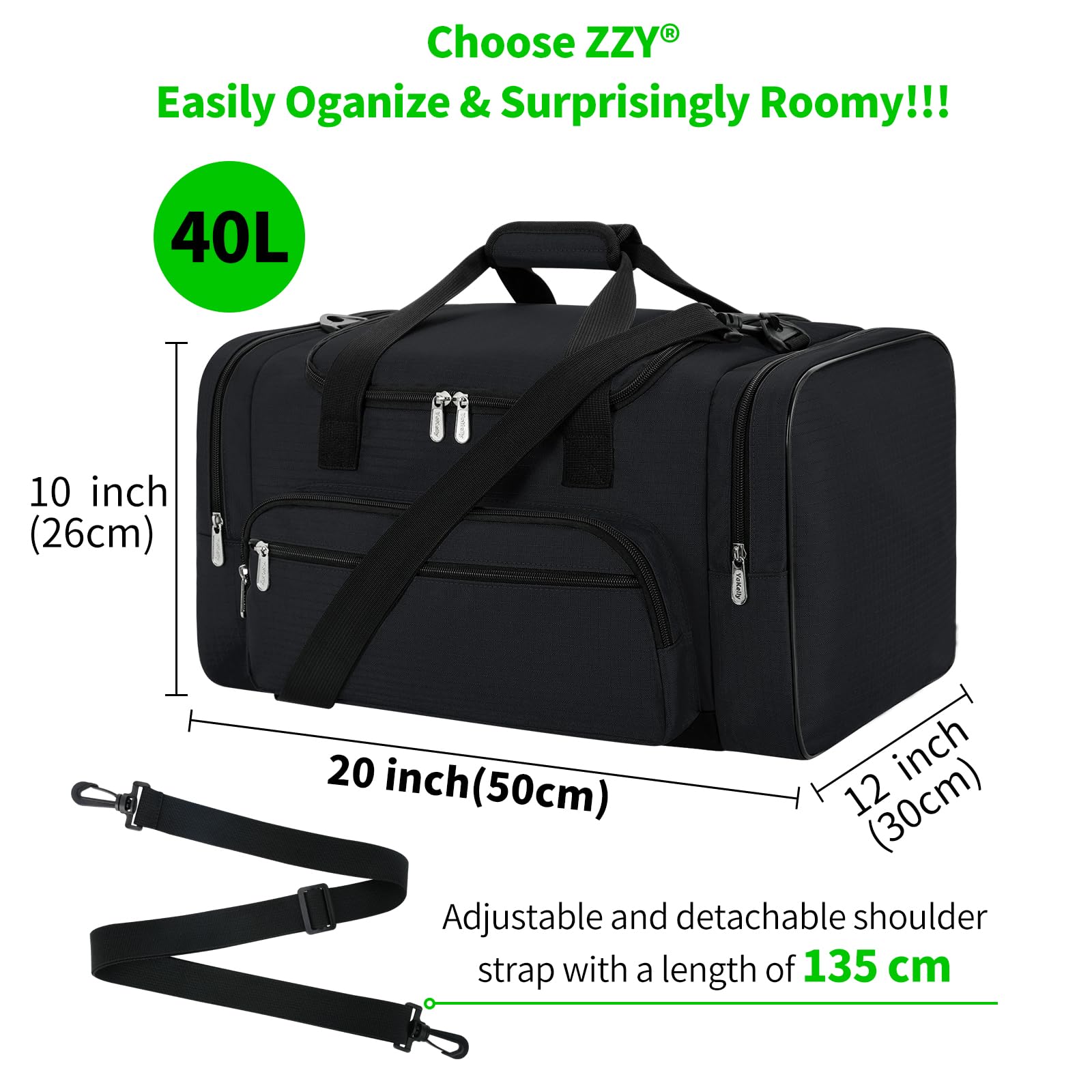 ZZY Sporttasche, 40L Reisetasche Fitness Tasche mit Schultergurt Wochenendtasche für Damen und Herren(Schwarz)