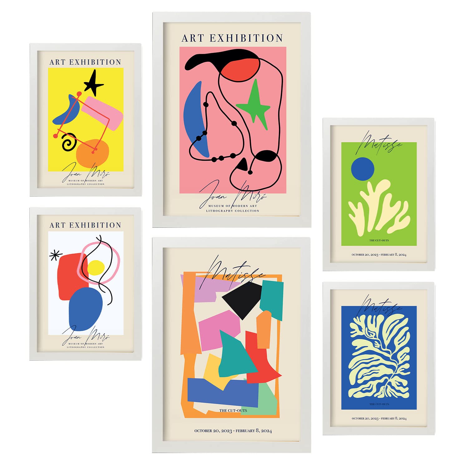 Nacnic Set of 6 posters Art Exibition. Collection of posters in collage aesthetic for interior decoration. Sizes A3 and A4. White frames.