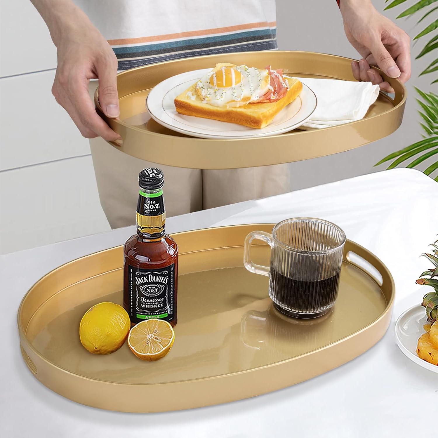 MAONAME Gold Serving Trays with Handles, Oval Decorative Tray for Coffee Table, Nesting Trays Set of 2, Plastic Vanity Tray for Ottoman, Living Room