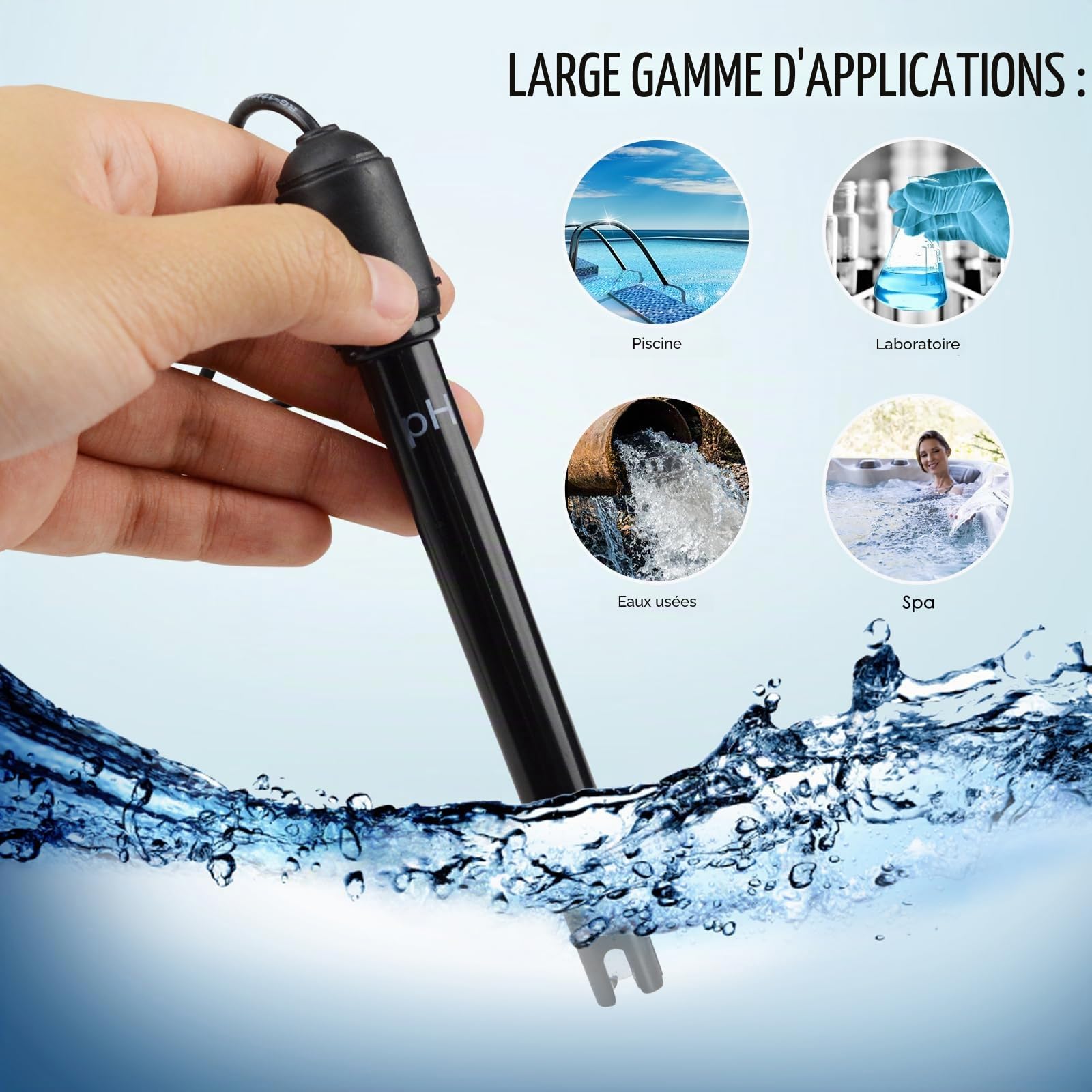 Sonde d'électrode pH haute précision – 0,00–14,00 pH, précision ± 0,01 pH – Kit complet inclus