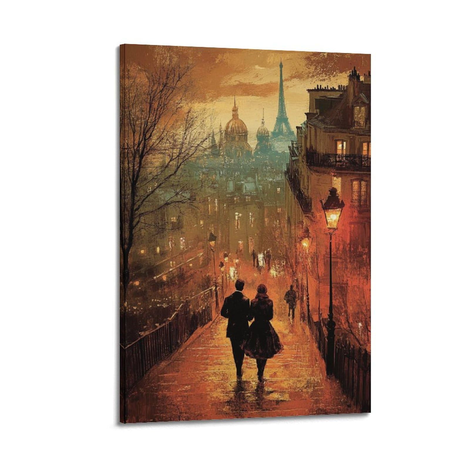 Poster su tela da parete con romantica passeggiata con vista sulla Torre Eiffel su una sera luminosa, decorazione artistica da parete, stile minimalista moderno, opera d'arte da appendere (60 x 90 cm)