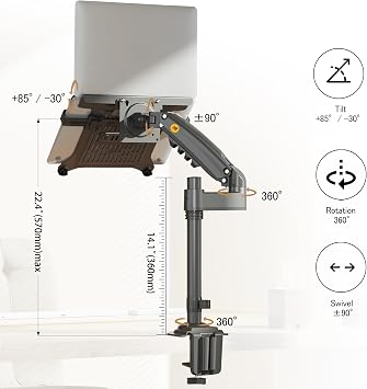 Laptop Mount with Adjustable Tray for North Bayou NB 10-17 inch Laptop, Full Motion Handle with VESA Plate for 17-30 inch Monitor (within 4.4~20 lb), Grommet Mount with Clamp