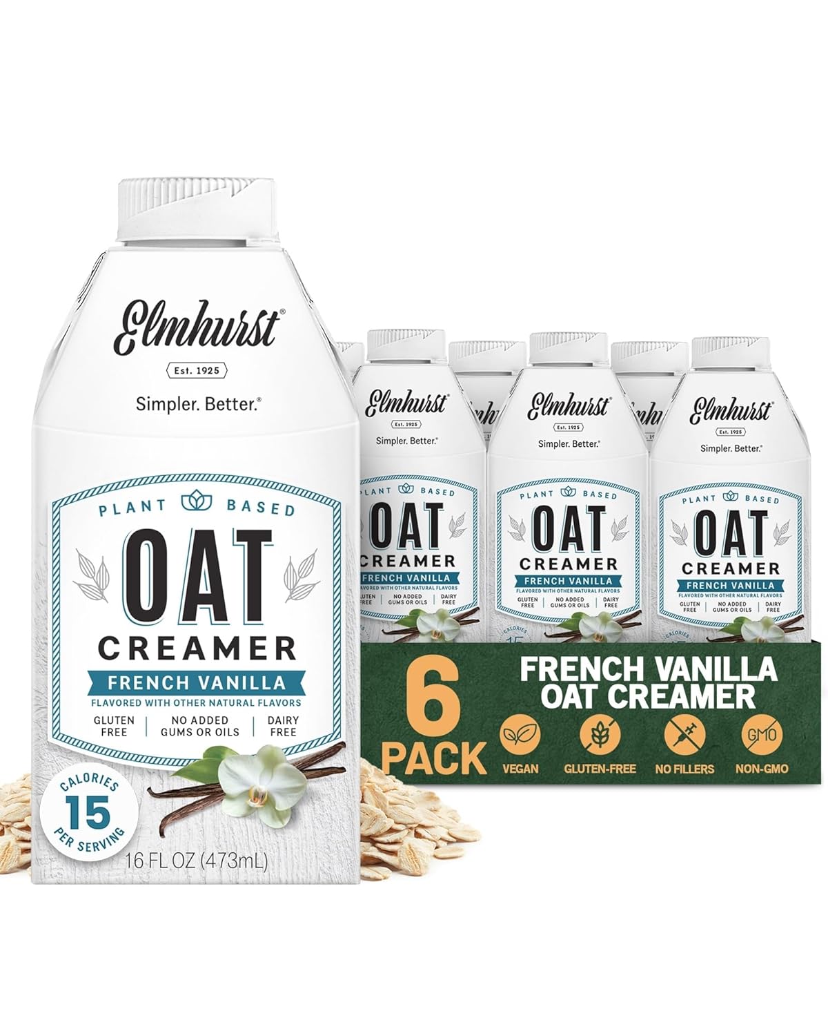 Elmhurst 1925 French Vanilla Oat Creamer - 16 Ounce (Pack of 6) Dairy-Free, Vegan, Kosher, Low Sugar, Shelf Stable Creamer Made with Water & Oat Grains for Healthier, Simpler Plant Based Alternatives
