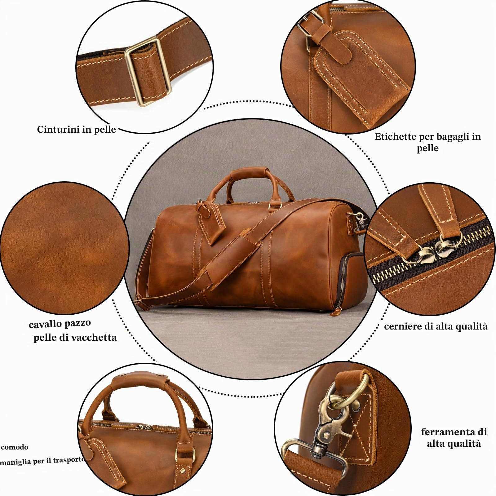 Grande Borsa da Viaggio in Pelle con Scomparto Scarpe Borsone Sportiva Tracolla Rimovbile Regolabile Manico Rinforzato per Viaggio Lavoro Palestra, marrone chiaro