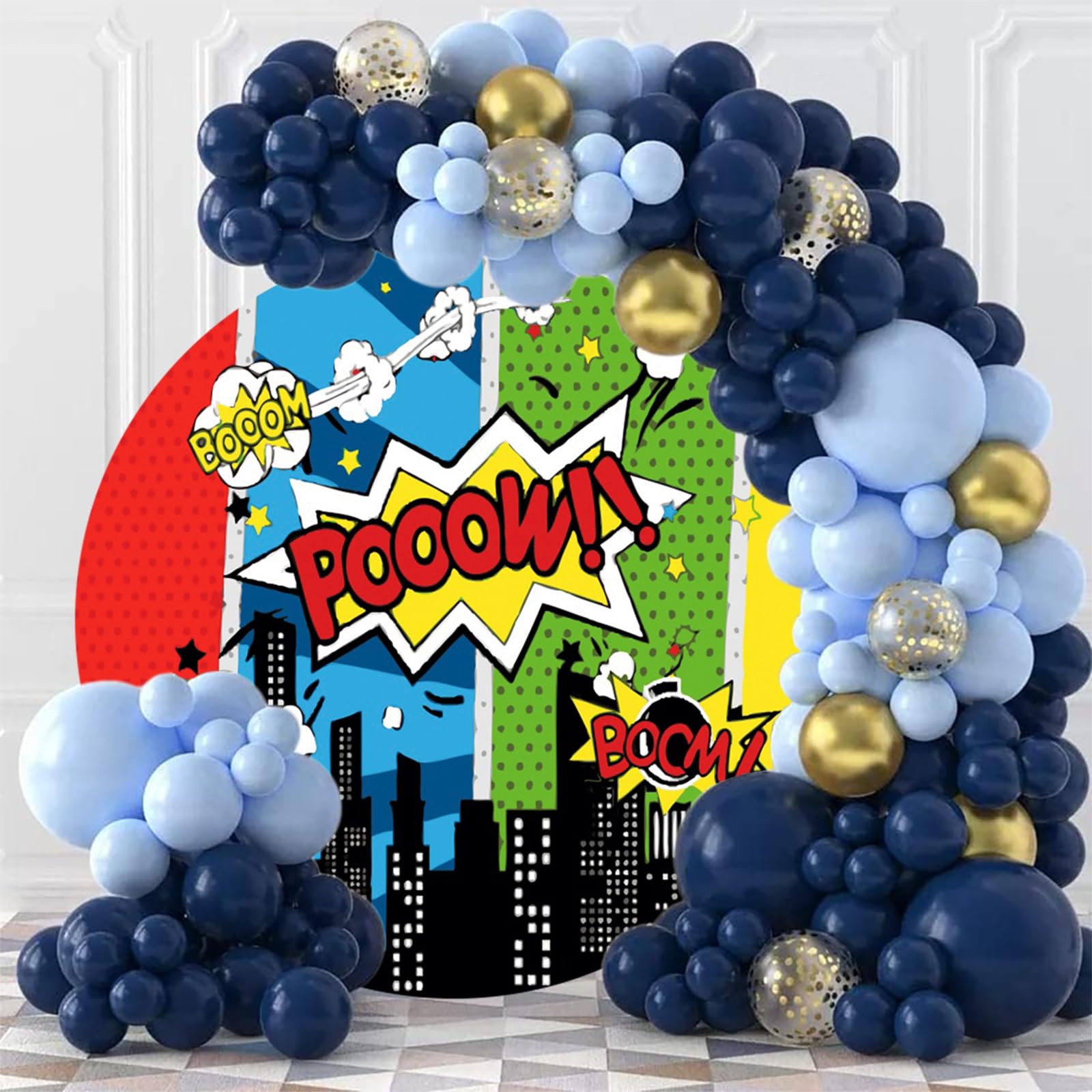Tintinnante Supereroe Città Sfondo 200cm Fumetto Architettura Notte Rotondo Copertina Cartone Animato Super Boom Fotografia per Neonati Bambini Compleanno Banner