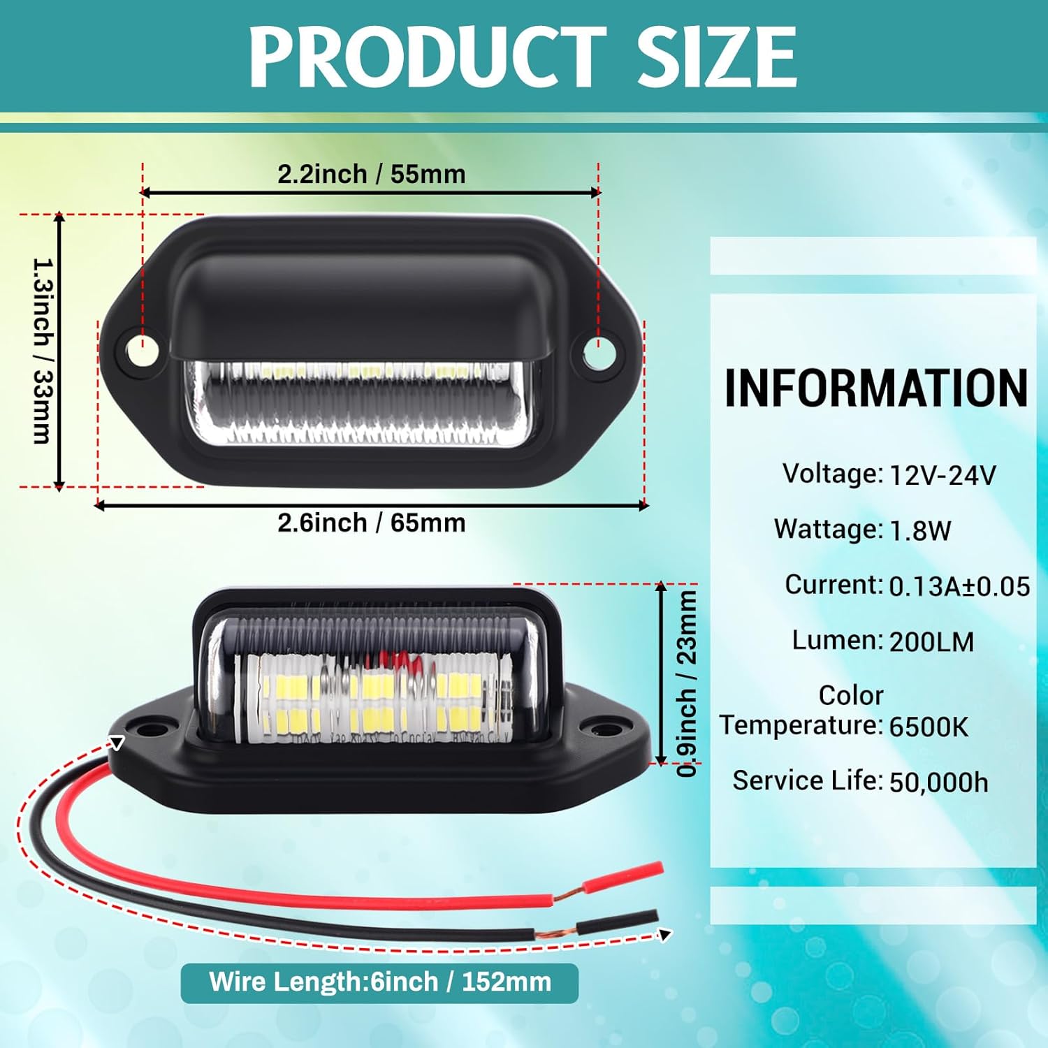 50 Pack 6 LED License Plate Light 12V-24V DC Waterproof License Plate Lamp Taillight Surface Mount White LED Tag Lights for Truck SUV Trailer Van RV Boats Auto Work Utility Flat Bed(Black)