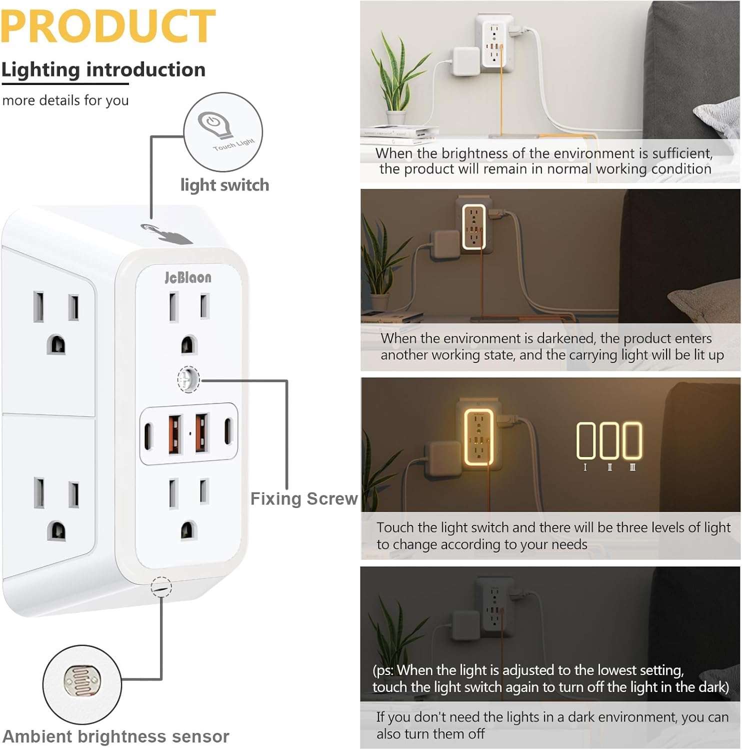 Extensor de salida con luz nocturna, protector de sobretensiones de enchufe múltiple, divisor de 6 salidas con 4 salidas USB (2 USB A, 2 USB C) Adaptador de pared de 3 lados para el hogar, viajes y