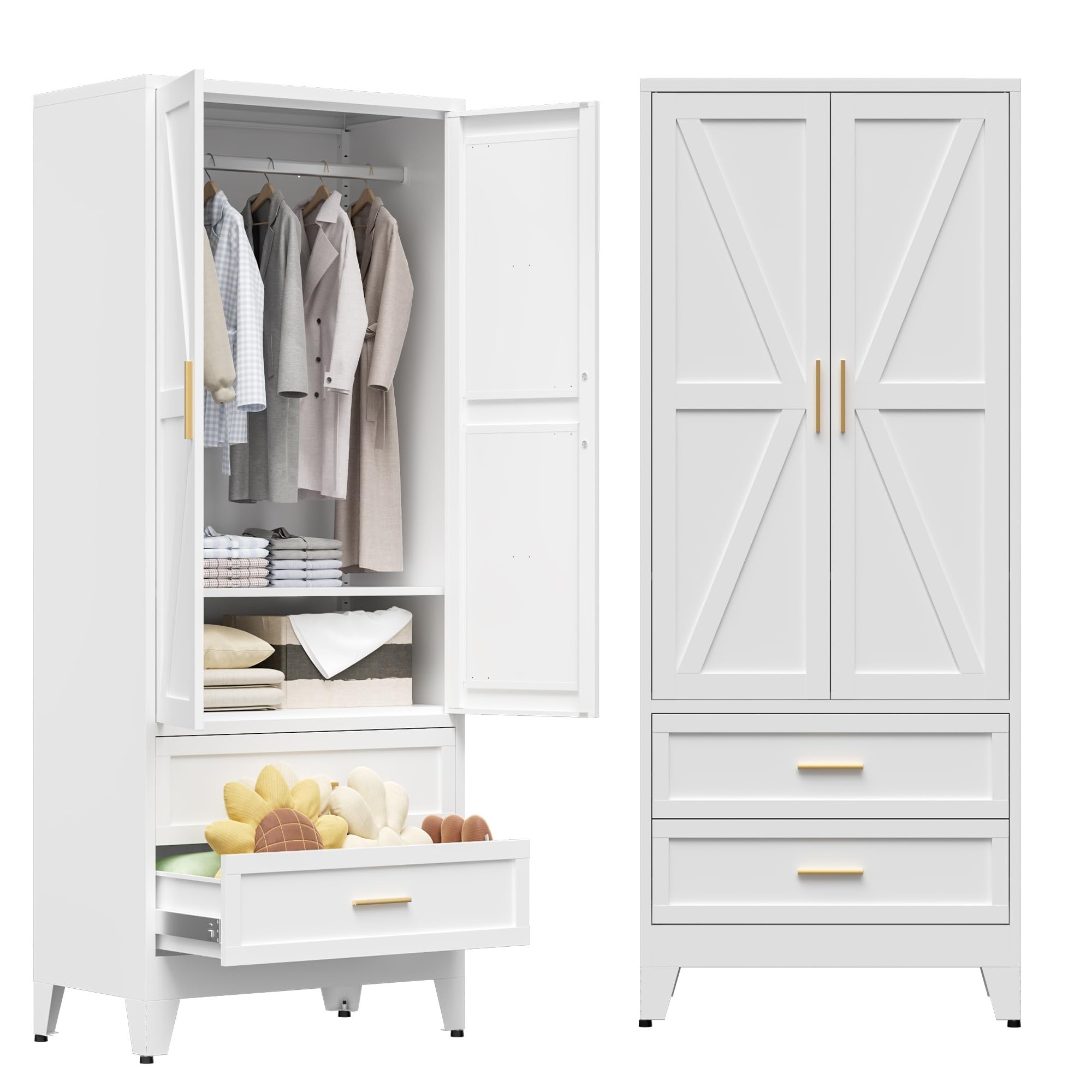 Front view of the COFaR Metal Wardrobe Cabinet in white with two barn doors and two drawers.