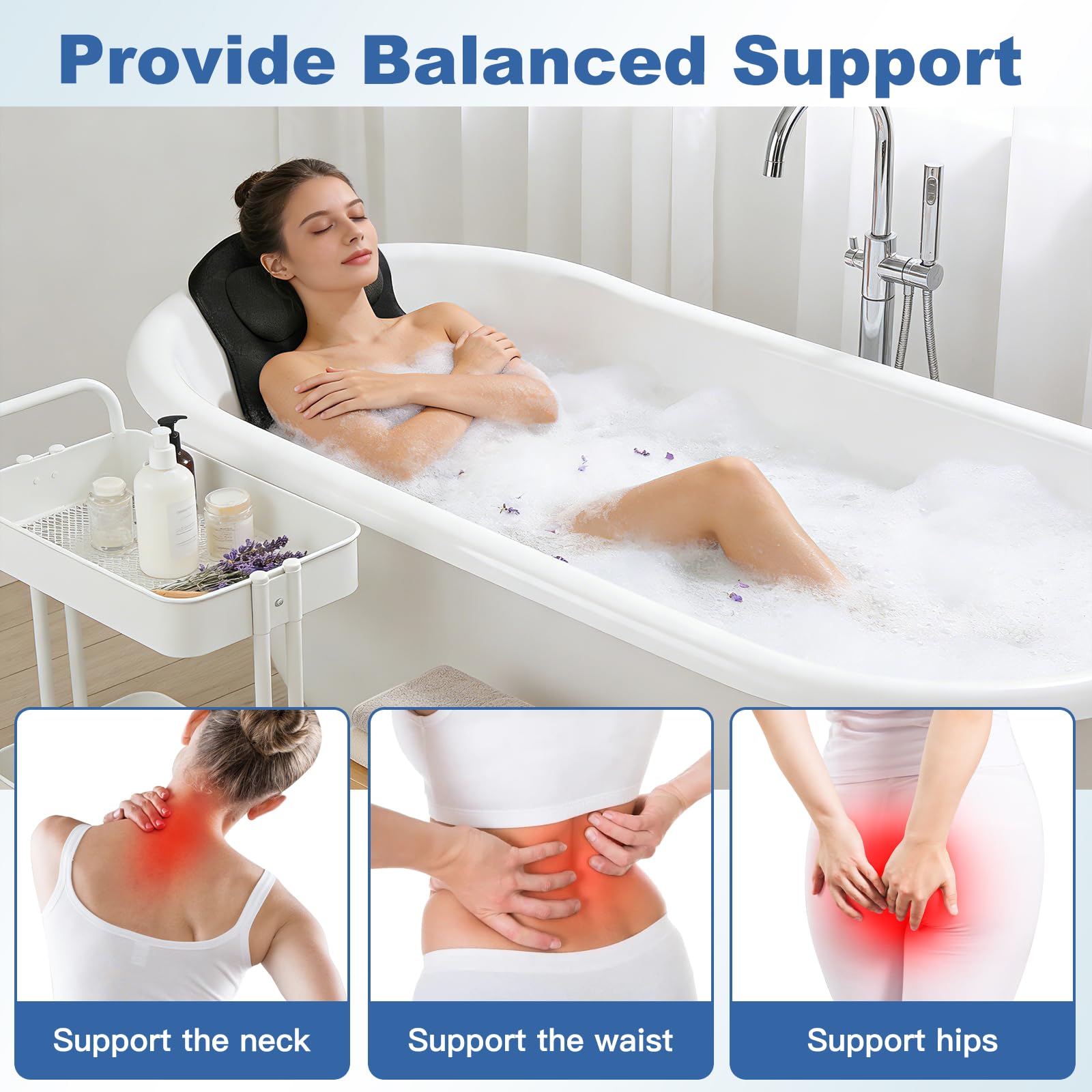 Almohada de baño de cuerpo completo para la bañera, alfombrilla de bañera engrosada con reposacabezas que apoya el cuello, la espalda y las piernas, cojín para bañera con ventosas y ganchos