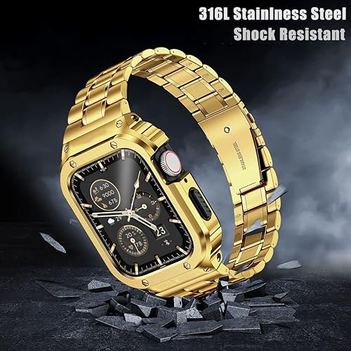 Miniatura 2 de MioHHR Stainless Steel Watch Band with Case Compatible with Apple Watch Ultra321 Series 11 10 9 8 7 6 5 4 3 2 1 SE321, Metal Strap with Protective