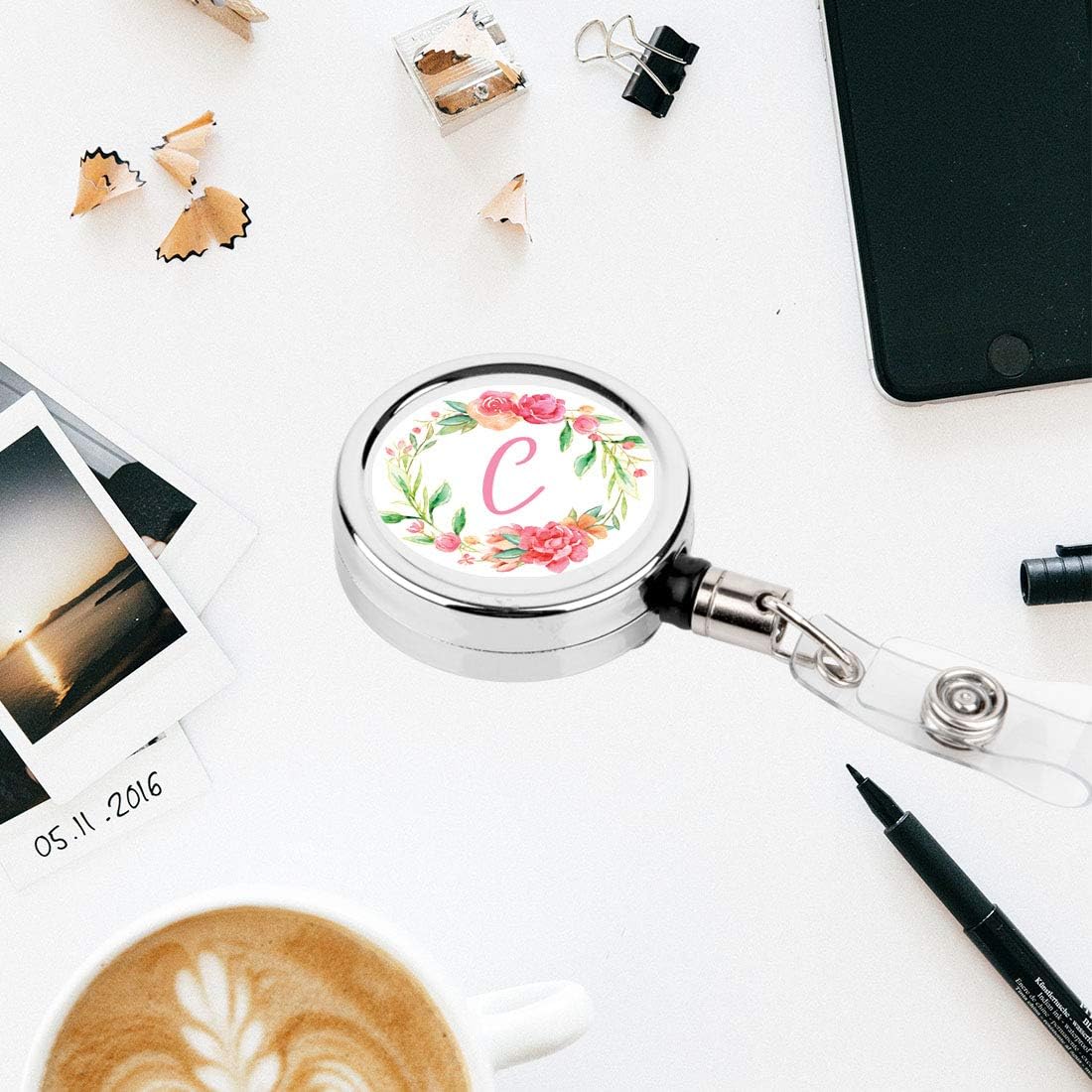 Andaz Press Retractable Badge Reel Holder with Clip, Heavy Duty Metal Name Tag Retractable ID Key Belt Clip Wild Garden Flowers, Floral Monogram C
