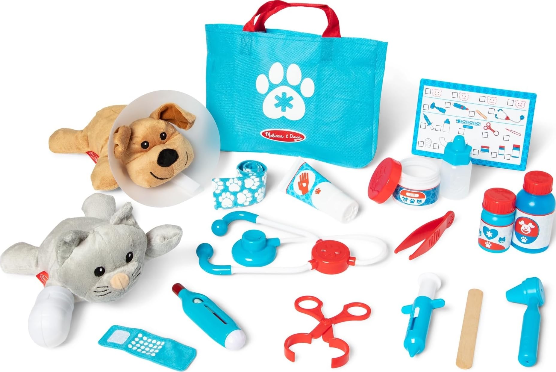 Melissa & Doug Examine and Treat Pet Vet Play Set, 24-Piece Animal Doctor Playset with Dog & Cat Plushies, Pet Doctor Kit & Accessories, Preschool Toys for Girls & Boys Ages 3+