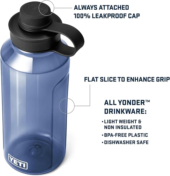 Close-up of the YETI Yonder 1.5L/50 oz water bottle in Charcoal, highlighting its textured grip and the integrated Tether Cap.