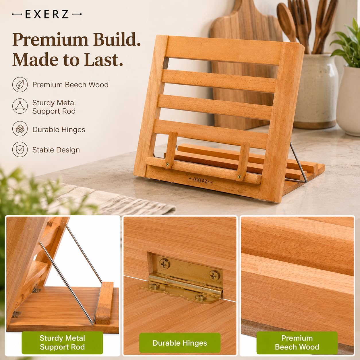 Exerz Leggio in Legno da Riposo per Libri e Ricattari – Qualità Premium/Regolabile/Ideale per Libri iPad Tablet – 34 x 24 x 2 cm (Di legno)