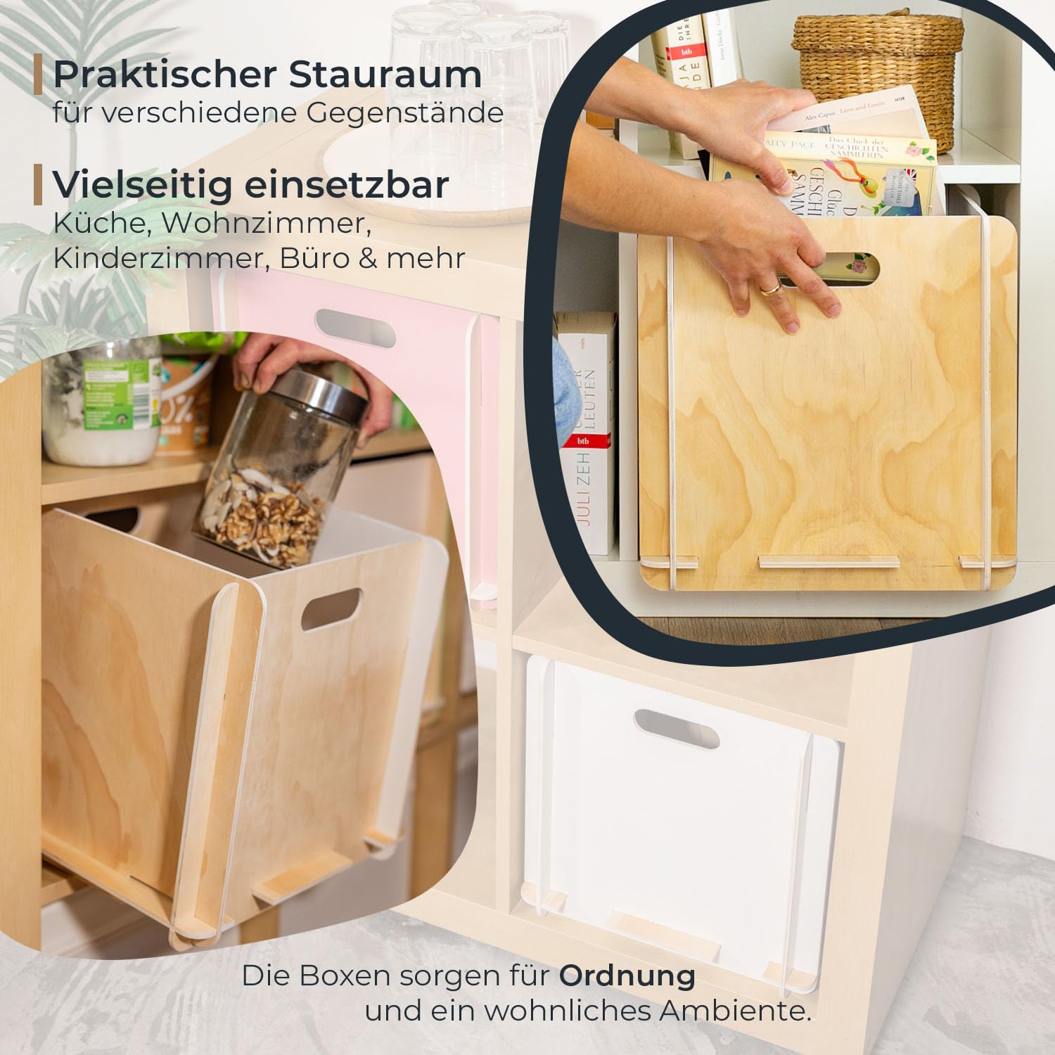 HMF Aufbewahrungsbox aus Holz zum Zusammenstecken | 4er Set | passend für Kallax | 32 x 32 x 32 cm | Weiß