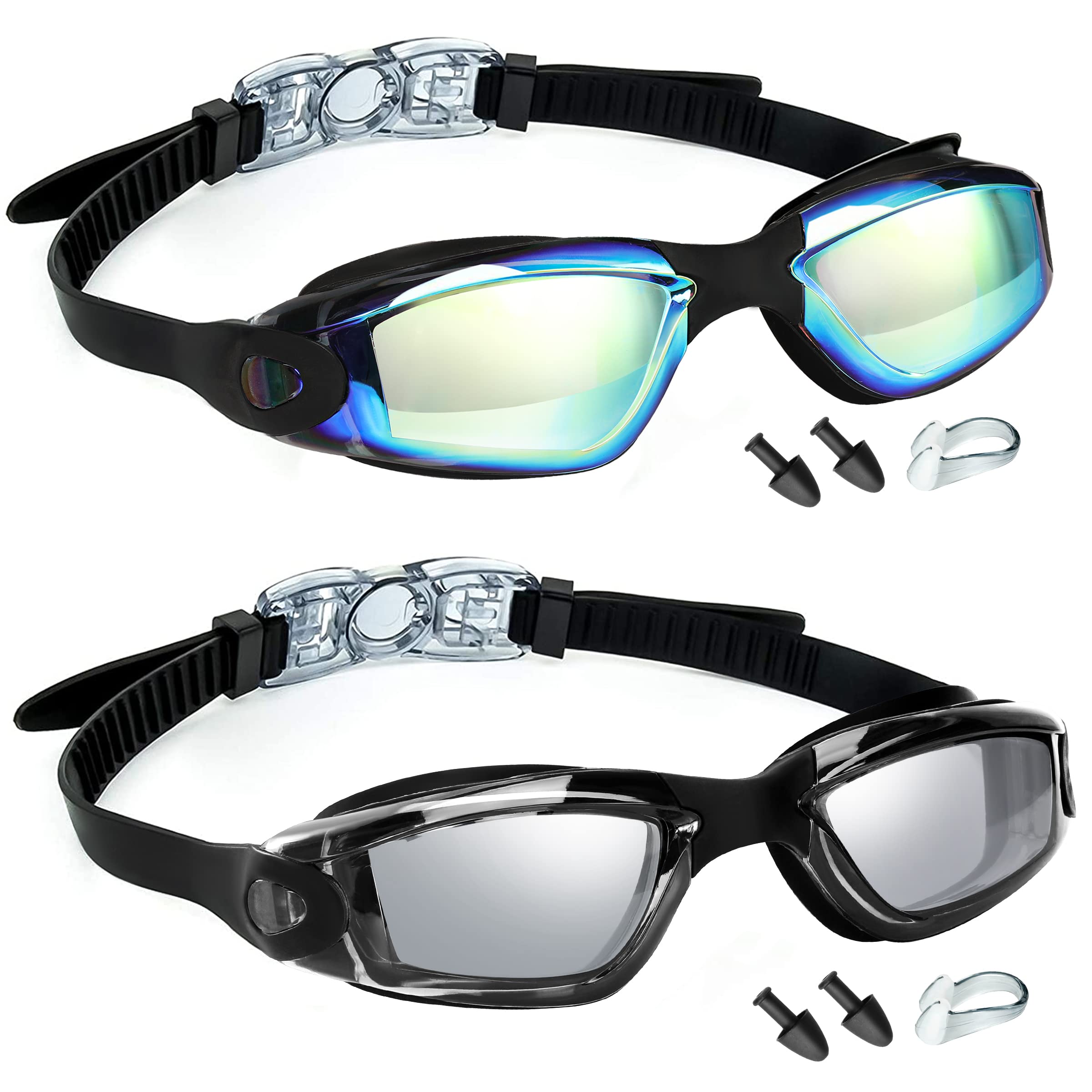 MUETKNYE Swim Goggles 2 Pack Swimming Goggles Anti Fog No Leaking For Adult Women Men Youth (Aqua&Clear Black)