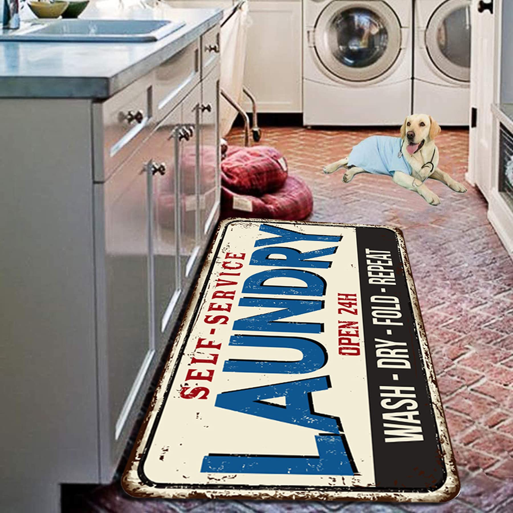 GISPOG Farmhouse Laundry Room Rug Runner Non Skid Machine Washable Area Rugs Laundry Decor for Kitchen, Bath, Washroom Funny Blue?40x20in?