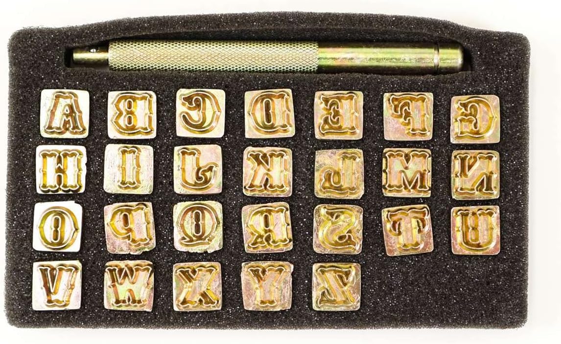 Springfield Leather Company Professional 27 Piece 3/4" Standard Metal Alphabet Leather Stamp Set with Handle for Leather Stamping Projects