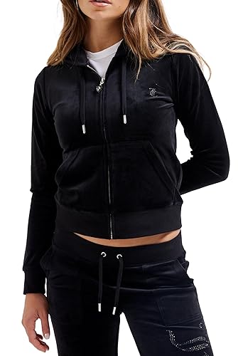 Juicy Couture Damen Robertson Jewelled Hoodie Kapuzensweatjacke, Sweatjacke mit Kapuze und Reißverschluss aus Velour Kapuzenpullover - S - Schwarz