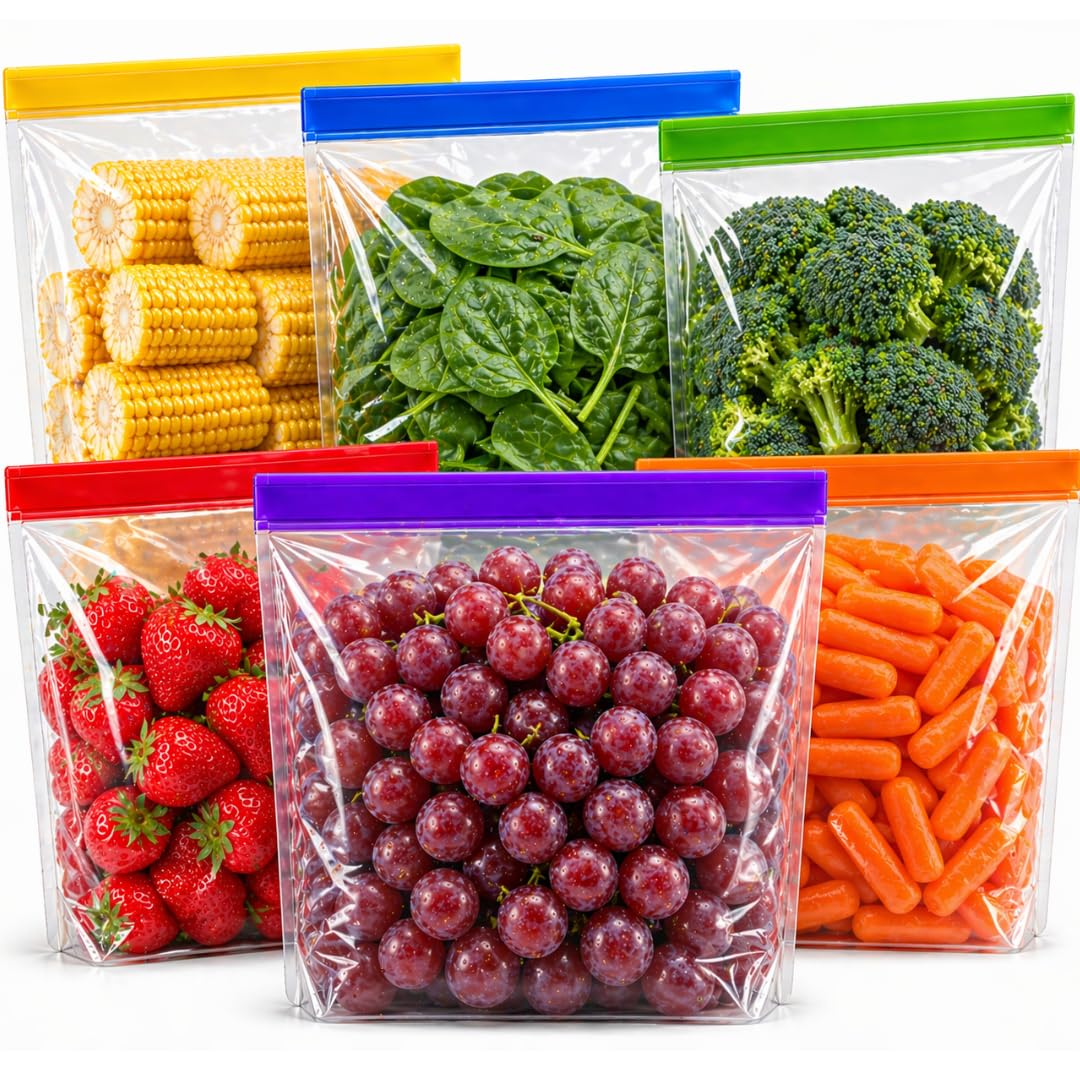 Reusable Food Bags 6 Pack BPA Free Leakproof Press Seal Food Storage – Reusable Sandwich Bags for Lunch Snacks Meal Prep – Eco Friendly Freezer Safe Multicolour